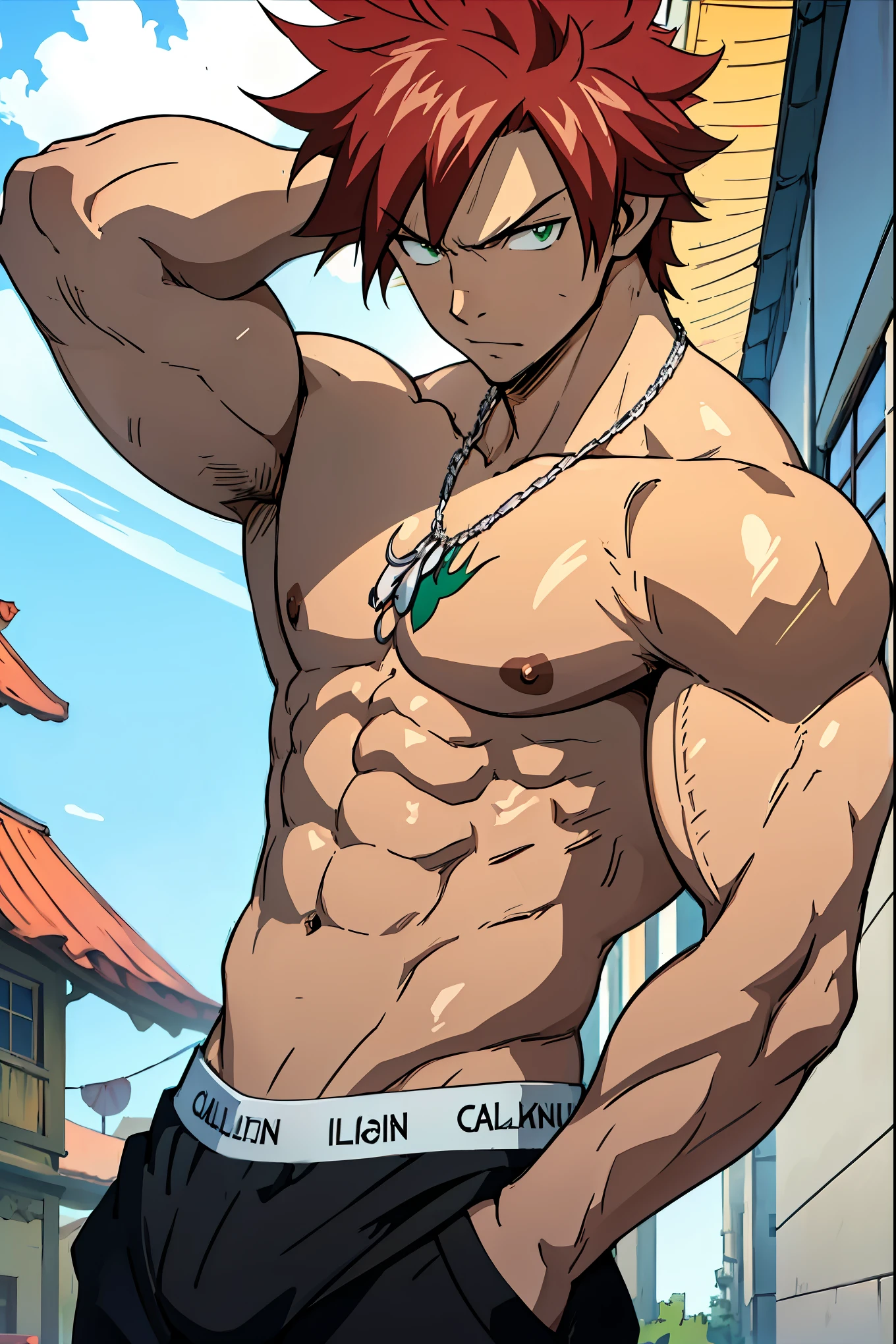 highest  quality, 8K, image high resolution, Detailed strokes, beach, sunrise, sun, morning,  summer, leaning on one of the posts, ager, Yuji Itadori, Dark Pink Hair, speedo, no pants, police jacket , slightly unbuttoned jacket showing a bit of his chest, male, (Bottom Angle), (Face Close), defined legs, defined arms, defined abdomen, with the shirt, speedo, underwear, male underwear