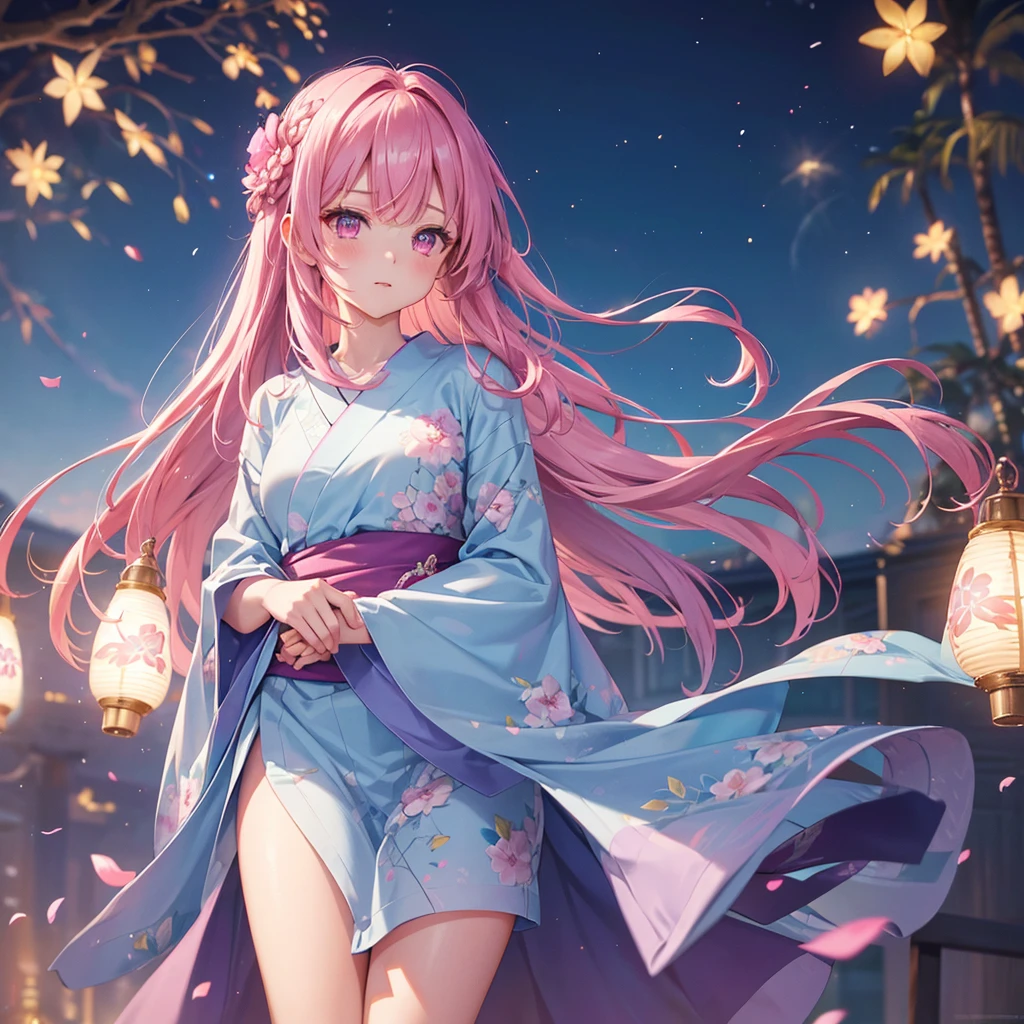 Sky Blue Medium Hair, (Braided Hair),(Pink Eyes),Fair skin ,(whole body),(1 girl)、Floral Yukata、summer night、Fireworks fill the night sky、Straight bangs,(masterpiece, Highest quality, Very detailed, Best Shadow), (Detailed Background), (Beautifully detailed face), High Contrast, (Best lighting, Very delicate and beautiful), ((Cinematic Light)), colorful, Hyper Detail, Dramatic Light, Intricate details,