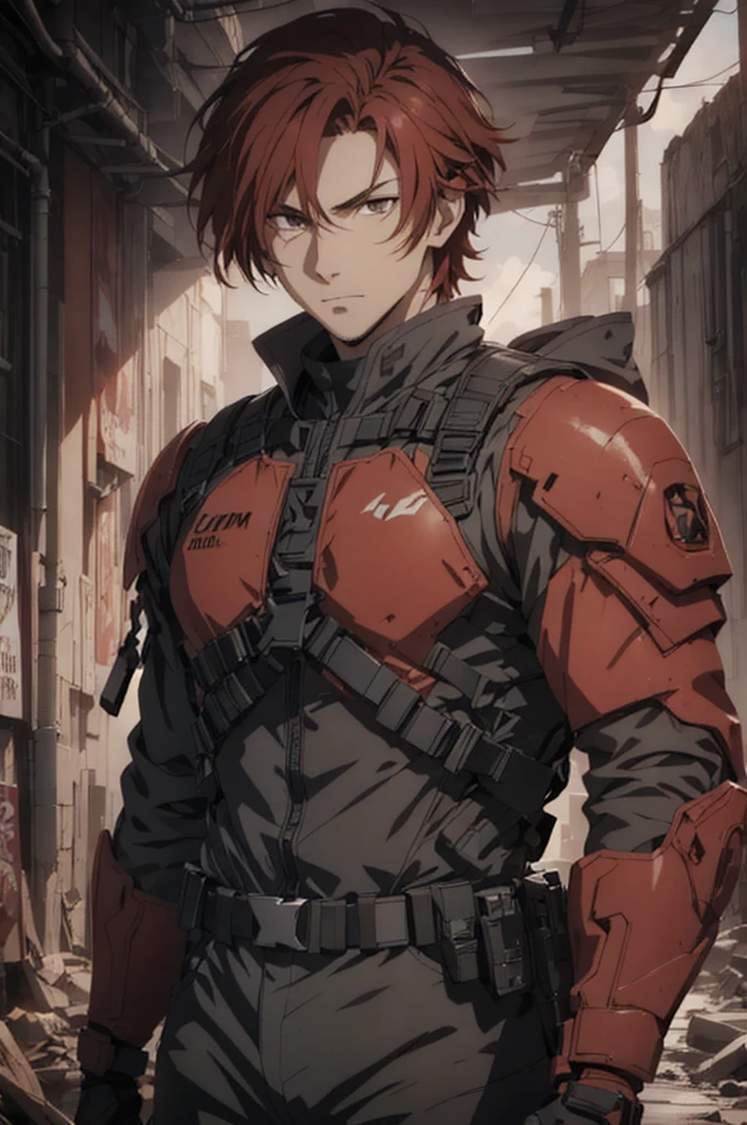 1man, handsome, red hair, wearing combat suit, ultra high resolution, best quality, masterpiece, rtx,ray tracing, 4k, top quality, highly detailed, official art, stunning visuals 