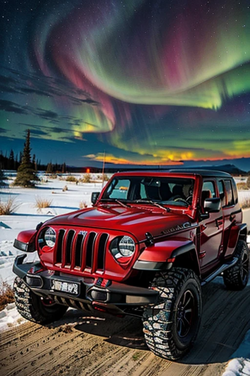 red jeep against the backdrop of the northern lights