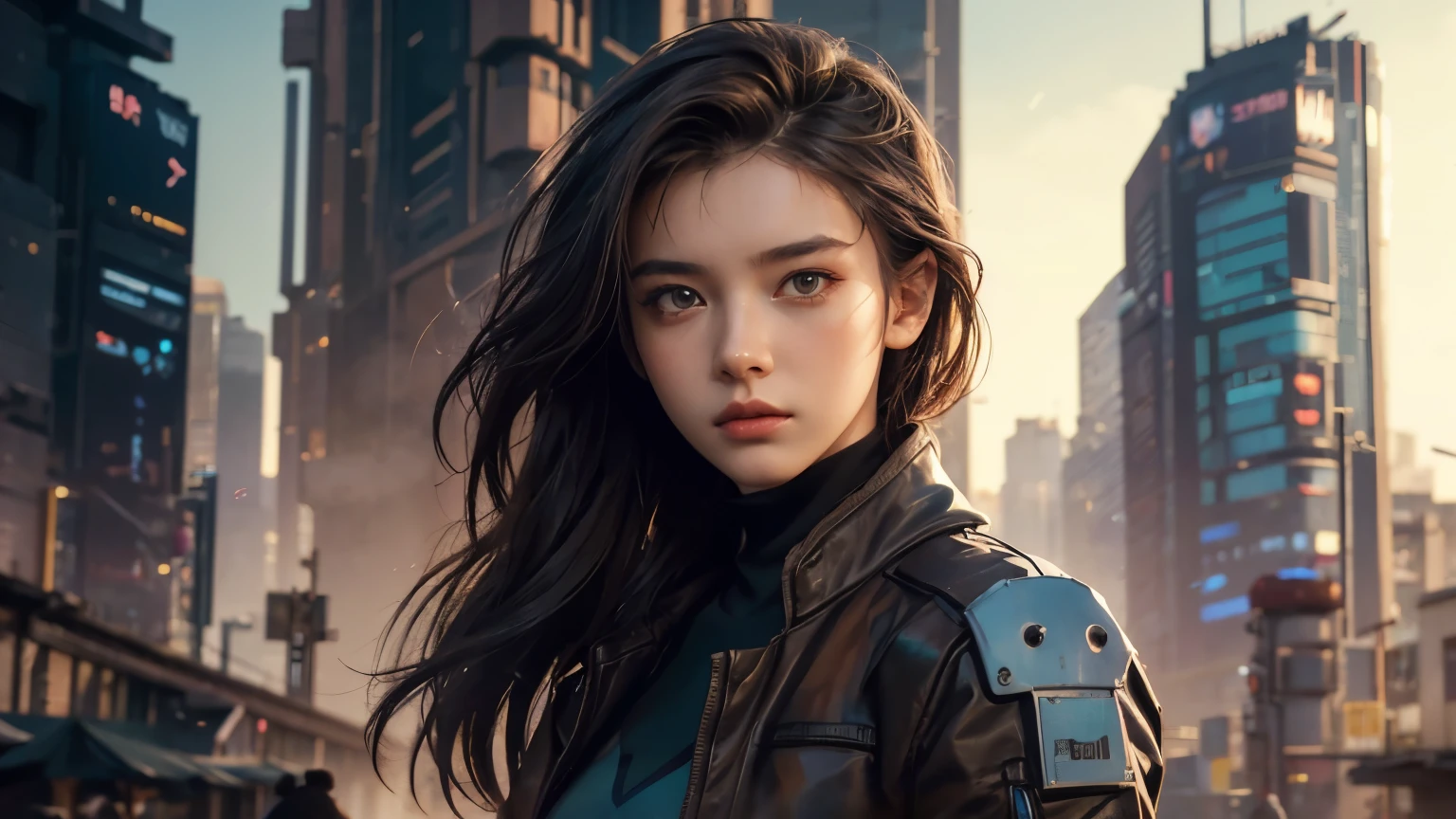Future city anime girl with futuristic background, Vojtek Fuss, alena aenami and ArtJam, ArtJam and atey ghailan, Portrait of a cyberpunk girl, Painting a portrait of Ross, ig model | ArtJam, Epic portrait illustration, Cyberpunk beautiful girl, Amazing character art, Lostrun 8k, Lost draw 1. 0
