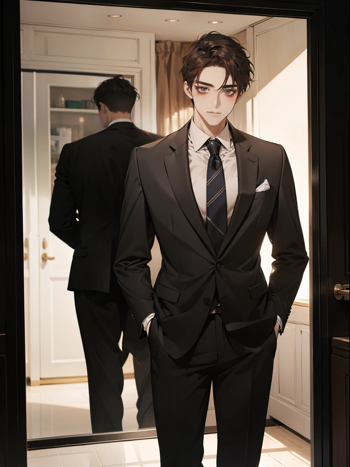 work of art, best qualityer, realisitic, 1 person, mature man, quiet and charming young man, age 25, serious look, cloused mouth, portraite, extreme detailed face, cold smile, ((dark gray eyes)), ((Straight Sweep Short Dark Brown Hair)), [thick eyebrows], ((Suit)), bonitas, lesbian full body, western, Jewish, light brown skin,Stand in front of the mirror，Organize your clothes