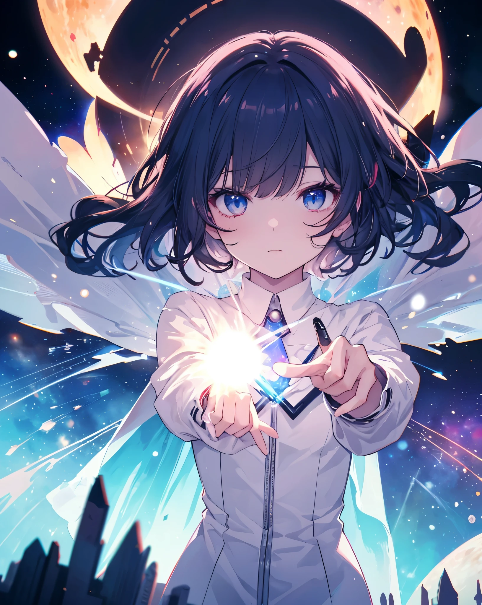 anime nekogirl looking at a shooting star above the clouds, highly detailed raw color photo, dynamic pose, (cosmic: 1.4), (necropolis: 1.1), (science fiction setting), chromatic aberration, depth of field, soft lighting, masterpiece, best quality, intricate, (lens reflection: 0.7), (flowering: 0.7), particle effects, ray tracing. She's holding a star.she has tremendous power.