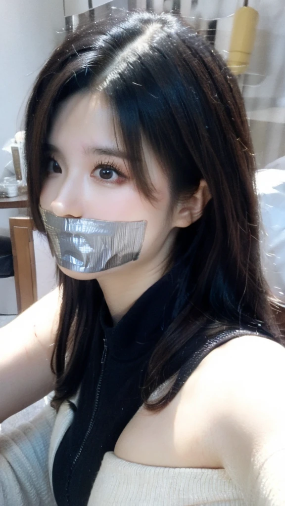 One female, selfie、face close up、cheerful smile、big tear bag、tape gag,Room lighting:none、front lighting:weak、Photo taken with iPhone、Japanese cute half-haired girl、profile、looking at the camera、black sweater, white wallpaper only, Rooms without lights、Cleavage Bulge(((Blindfolded)))(((Covering the nose )))
