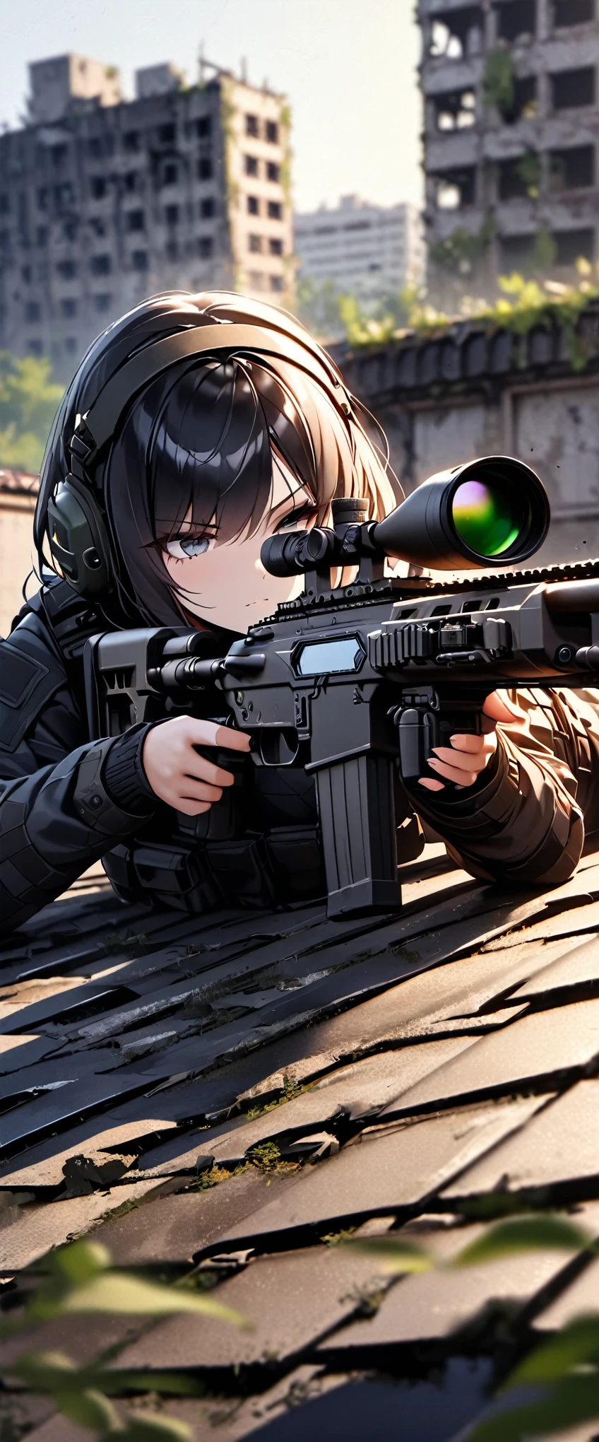(masterpiece),(Highest quality),(High resolution),(Very detailed),8k,壁紙一人のwoman,woman,Japanese,Black Hair,Short Bob,(Beautiful Face,Beautiful Eyes,Beautiful Hair,Beautiful Skin),(Serious),BREAK(((aim at something with a sniper rifle:1.5))),((Look through the scope and take aim:1.6)),(Prone)((Close one eye:1.4)),(((Sniper Rifle))),SWAT Uniforms,Bulletproof vest, Combat Boots,Tactical Headset,Tactical Helmet,(The background is the rooftop of an abandoned building:1.6),(((Background Blur)))