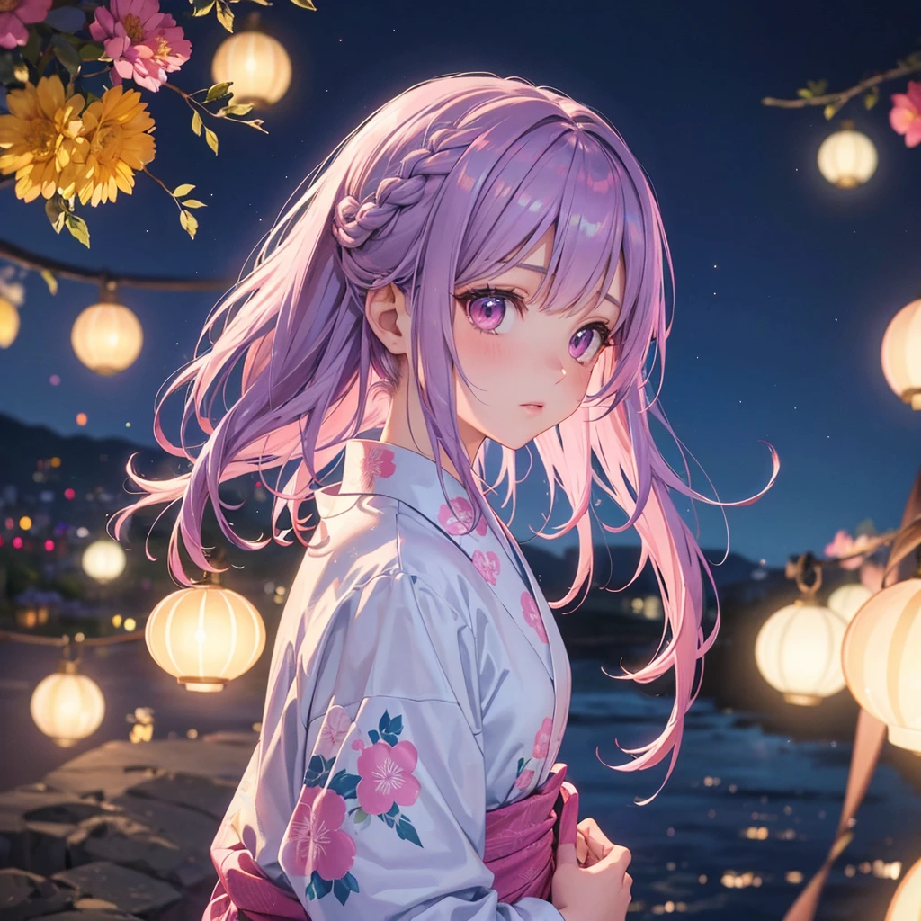 Sky Blue Medium Hair, (Braided Hair),(Pink Eyes),Fair skin ,(whole body),(1 girl)、Floral Yukata、summer night、Extra-large fireworks filling the night sky、Straight bangs,(masterpiece, Highest quality, Very detailed, Best Shadow), (Detailed Background), (Beautifully detailed face), High Contrast, (Best lighting, Very delicate and beautiful), ((Cinematic Light)), colorful, Hyper Detail, Dramatic Light, Intricate details,