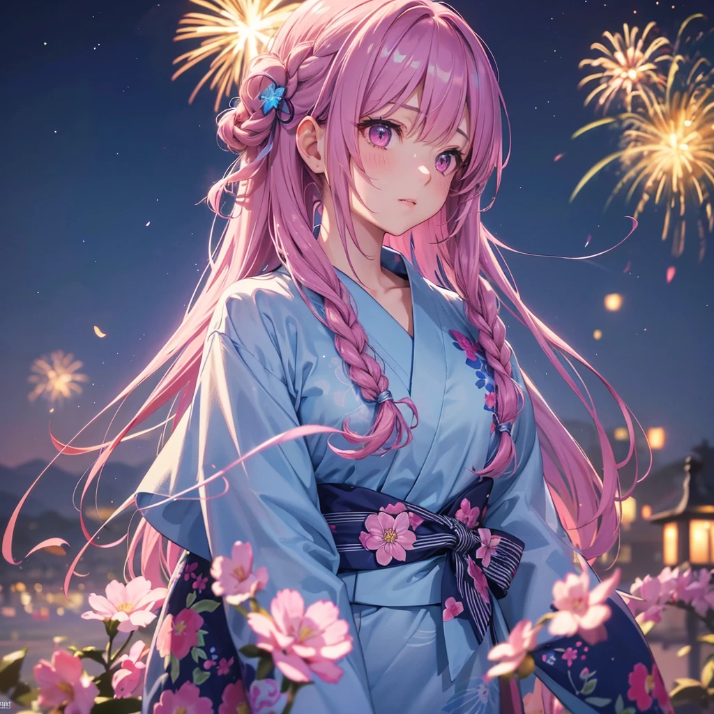 Sky Blue Medium Hair, (Braided Hair),(Pink Eyes),Fair skin ,(whole body),(1 girl)、Floral Yukata、summer night、Extra-large fireworks filling the night sky、Straight bangs,(masterpiece, Highest quality, Very detailed, Best Shadow), (Detailed Background), (Beautifully detailed face), High Contrast, (Best lighting, Very delicate and beautiful), ((Cinematic Light)), colorful, Hyper Detail, Dramatic Light, Intricate details,