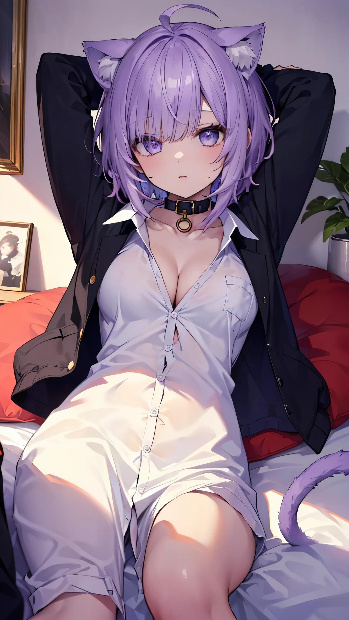 (best quality:1.2), (ultra detailed:1.2),(masterpiece:1.2),(8k:1.2),(aaokayu, short hair, ahoge, animal ears, cat tail, black collar, neck ribbon, purple ribbon, collarbone, cleavage, dress shirt, collared shirt, button gap, black jacket, open clothes),(Blessed,Captivating body、Ultra detailed hands、Ultra-detailed eyes、Ultra-detailed skin、ultra-detailed face,Detailed Background),One Girl、(bedroom,lie down,arms up:1.5),(ecstasy:1.5)