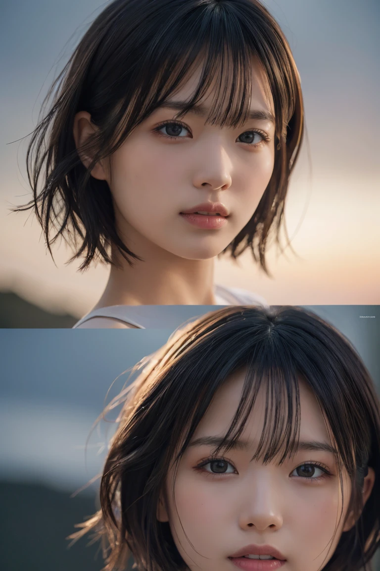 single, Blowing in the wind for a long time [Blue-black:.3] hair,View your viewers, (masterpiece:1.3), (8k, Realistic, RAW Photos, Highest quality: 1.4), Japanese, (One Girl), Beautiful Face, (Realistic Face), (black hair, short hair:1.3), beautiful hairstyle, Realistic eyes, Beautiful attention to detail, (Realistic Skin), Beautiful Skin, charm, Ultra-high resolution, Ultra-realistic, Very detailed, ,Small eyes,Age 25,Mongolian fold,Beauty