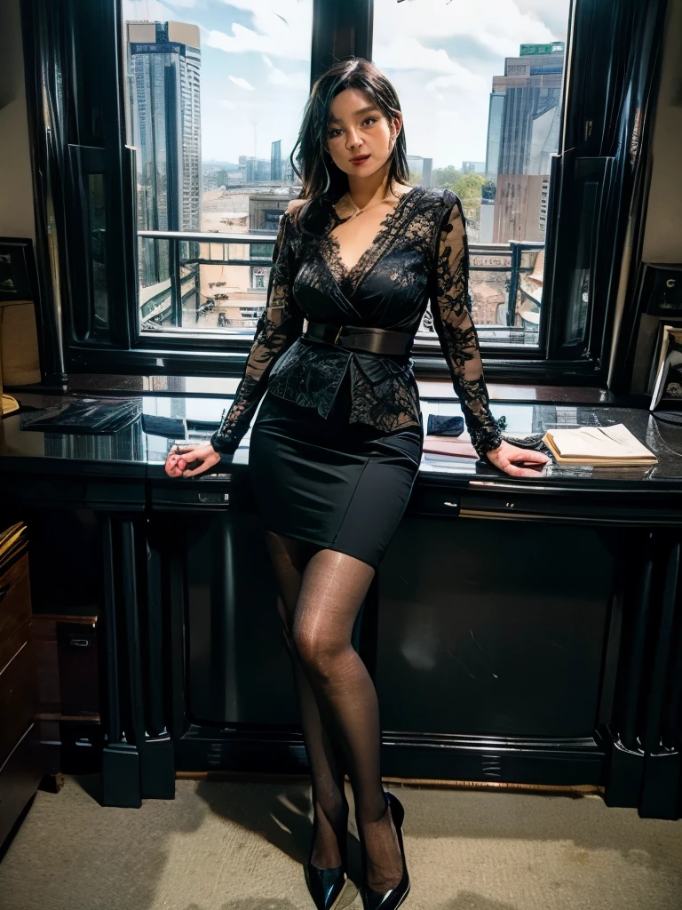 beautiful girl、OutStand style、Beautiful body、glamorous、big 、Navy blue business suit、Rock、Garter belt and black 30 denier stockings、High Heels、Office、Stand、the whole body is visible, (adult woman), 45 years old, ((Black bob hair)), Black lace stockings,