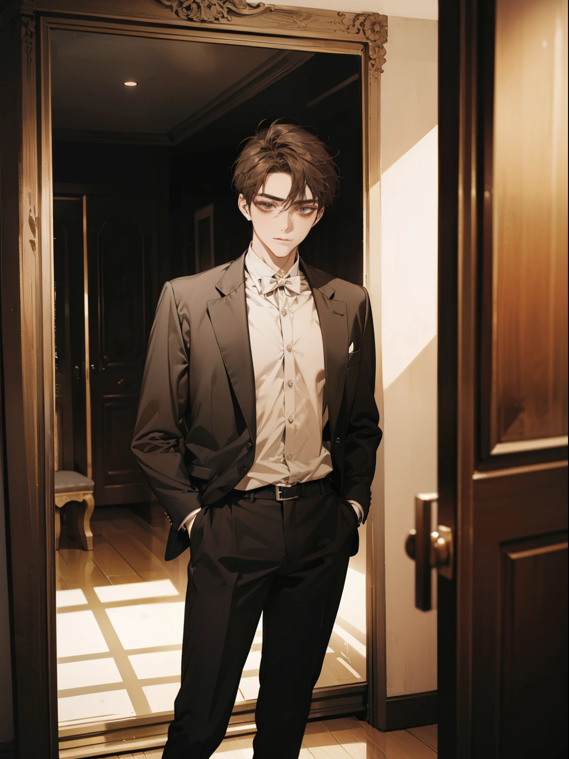 work of art, best qualityer, realisitic, 1 person, mature man, quiet and charming young man, age 25, serious look, cloused mouth, portraite, extreme detailed face, cold smile, ((dark gray eyes)), ((Straight Sweep Short Dark Brown Hair)), [thick eyebrows], ((Suit)), bonitas, lesbian full body, western, Jewish, light brown skin,Stand in front of the mirror，Organize your clothes