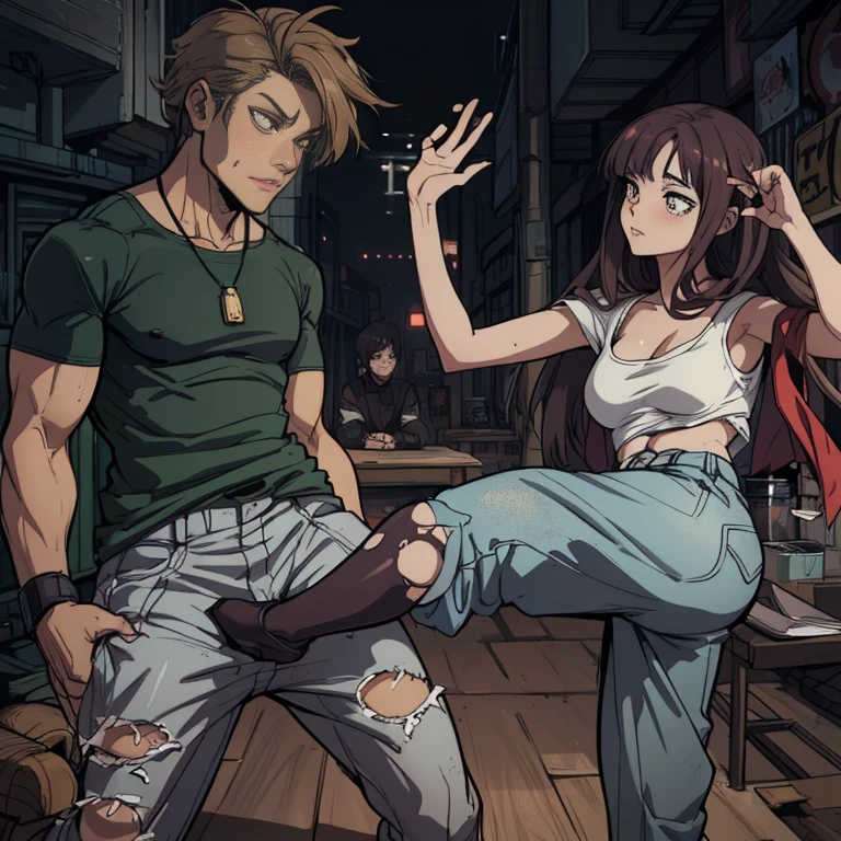 1 man 1 girl manga comic (sensual brunette girl straight open hair, blue eyes wet white t-shirt, black table skirt in sensual pose, She teaches self-defense on the knee with a wooden dummy) (Man with large lump in groin area gets trapped) (Big tits, big ass) (Wet T-shirt) (muito detalhado) (conceptual art) (Manga-Film) (Anime-Series) (pull) (face Anime-Series detailed) (Comics)