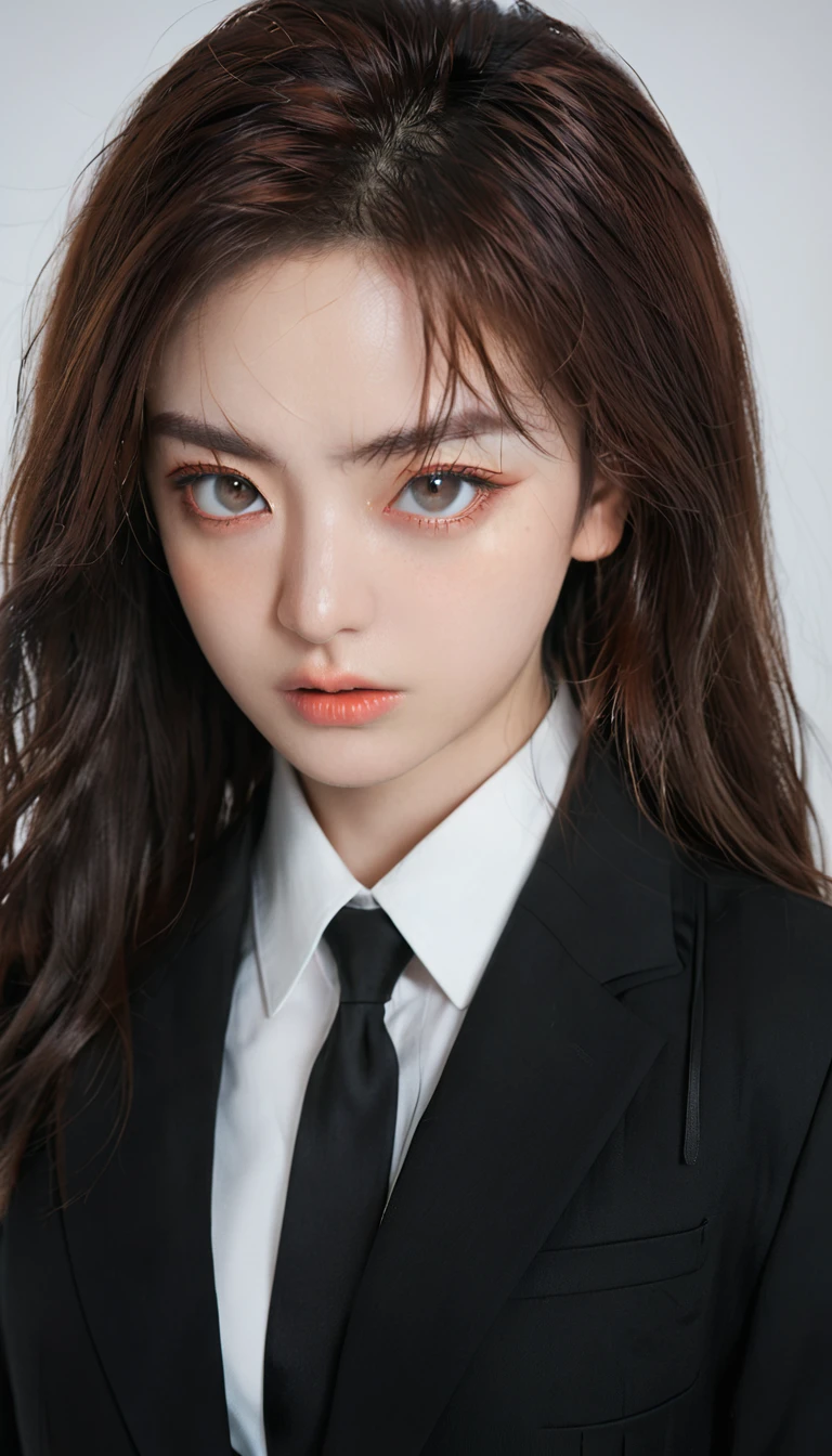 longeyelashes, solid circle eyes, POV, straight hair, long hair, red hair, Big , eyeball, makeup, drop shadow, high detail, 8k, super detail, ccurate, best quality, textured skin, Full body image, expressions, face, angry eyes, An angry expression, from above, Wearing black suit pants, Wearing a black men's suit, On the bed, Lying down