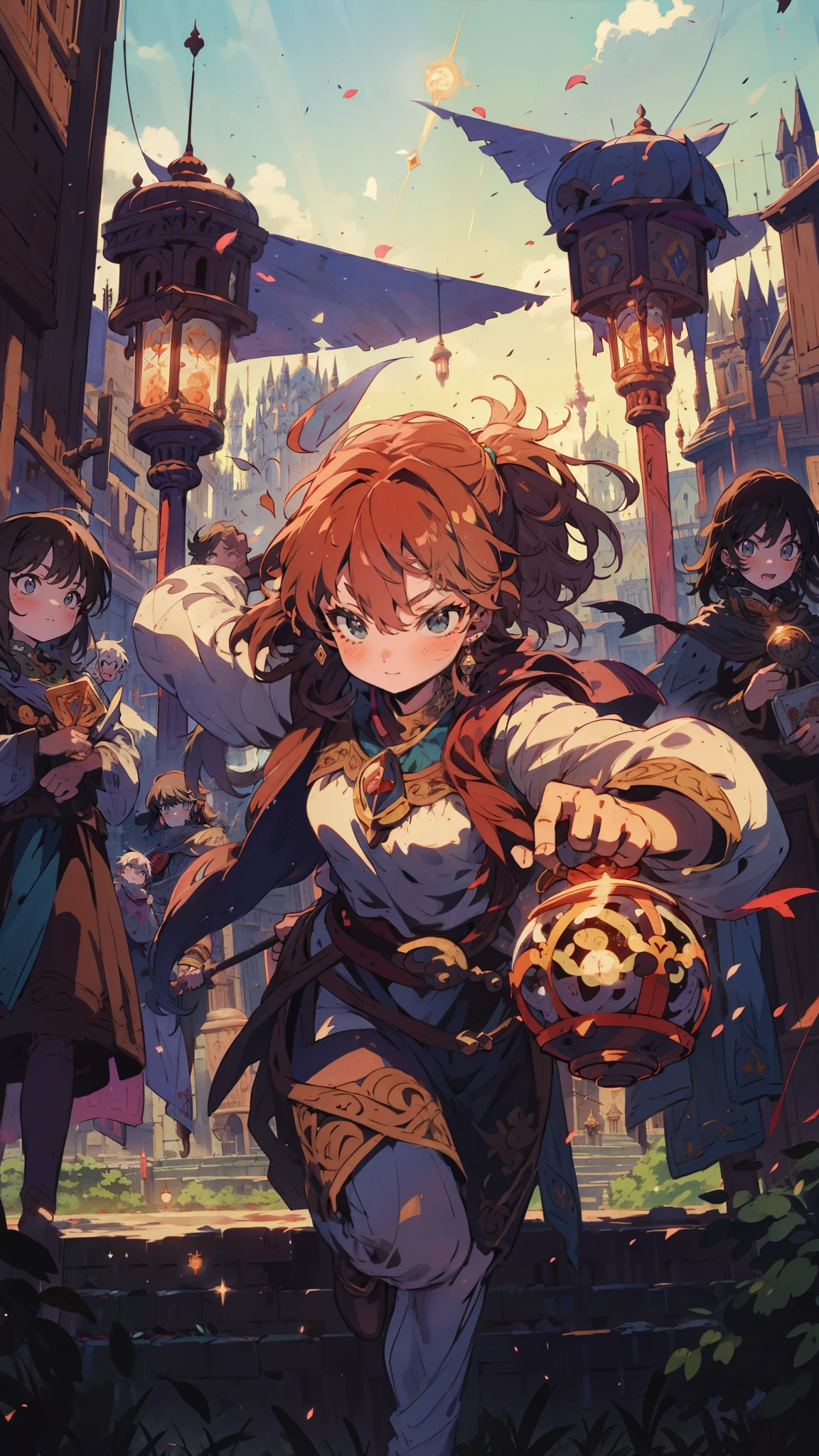 The apprentice mage girl races through the medieval fairgrounds, dodging jugglers, fortune-tellers, and costumed minstrels. Their fingers trace the intricate carvings on a golden talisman—a relic rumored to unlock hidden realms. Lanterns sway overhead, casting flickering shadows on their determined face. The air crackles with enchantment as they sprint toward destiny, abasterpiece)), ((best quality)), ultra detailed,((illustration)), dynamic angle, detailed light, (delicate eyes), (ahoge:0.8),apathy, ray,frontage,style of anime4 k, 4k anime wallpaper, badass anime 8 k, 4 k comic wallpaper, ((girl))