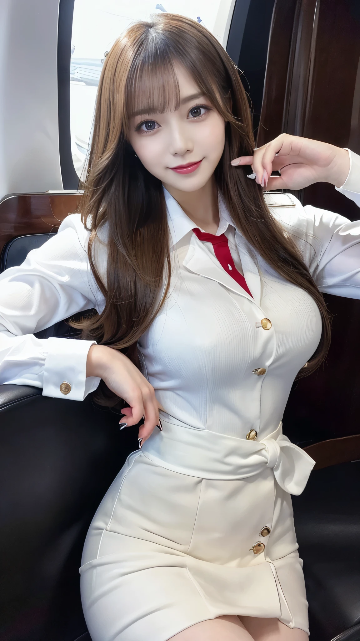 (Detailed skin:1.2),(Shiny skin:1.1),8k,Highest quality, masterpiece, Ultra-high resolution,(Realistic:1.4), RAW Photos,(Soft saturation:1),(Fair skin:1.2),(Succubus:1.2),Half-Japanese beauty,23 years old, (Light brown hair),(Long Hair:1.3)), (Pretty face:1.4), (Large Breasts, Tight waist,Big firm hips:1.2), ((Beautiful lighting:1.3)), ((Flight attendant uniform:1.2)),(Highly detailed face, Highly detailed lips, fine grain, double eyelid,Highly detailed and evenly balanced eyes), (Sharp focus:1.2), ((Full Body Shot)),(Perfect Anatomy:1.3),(Beautiful woman with perfect figure: 1.2)、((Random sexy poses:1.2))、Sharp Eyes,smile,(Inside the jet)