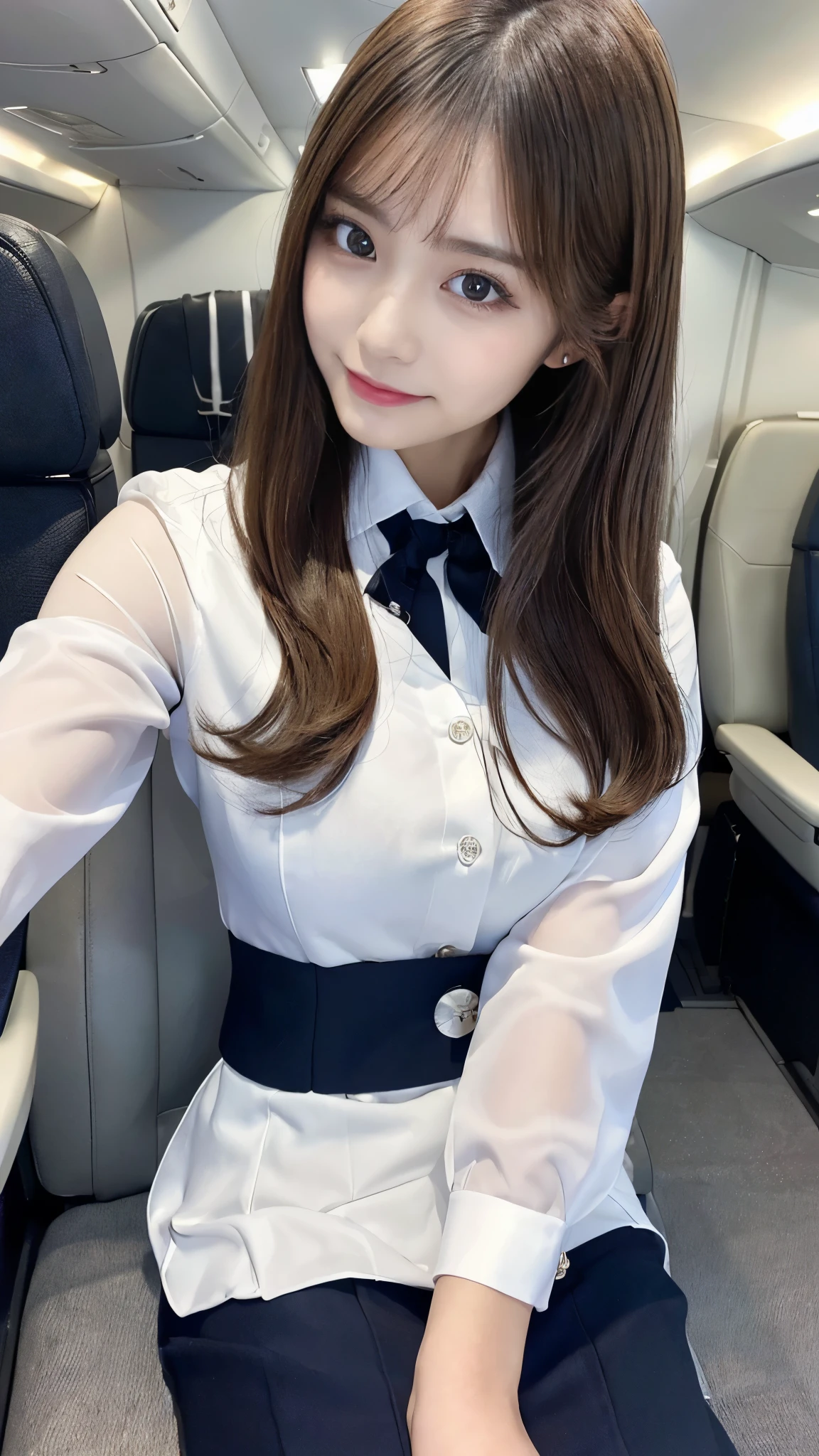 (Detailed skin:1.2),(Shiny skin:1.1),8k,Highest quality, masterpiece, Ultra-high resolution,(Realistic:1.4), RAW Photos,(Soft saturation:1),(Fair skin:1.2),(Succubus:1.2),Half-Japanese beauty,23 years old, (Light brown hair),(Long Hair:1.3)), (Pretty face:1.4), (Large Breasts, Tight waist,Big firm hips:1.2), ((Beautiful lighting:1.3)), ((Flight attendant uniform:1.2)),(Highly detailed face, Highly detailed lips, fine grain, double eyelid,Highly detailed and evenly balanced eyes), (Sharp focus:1.2), ((Full Body Shot)),(Perfect Anatomy:1.3),(Beautiful woman with perfect figure: 1.2)、((Random sexy poses:1.2))、Sharp Eyes,smile,(Inside the jet)