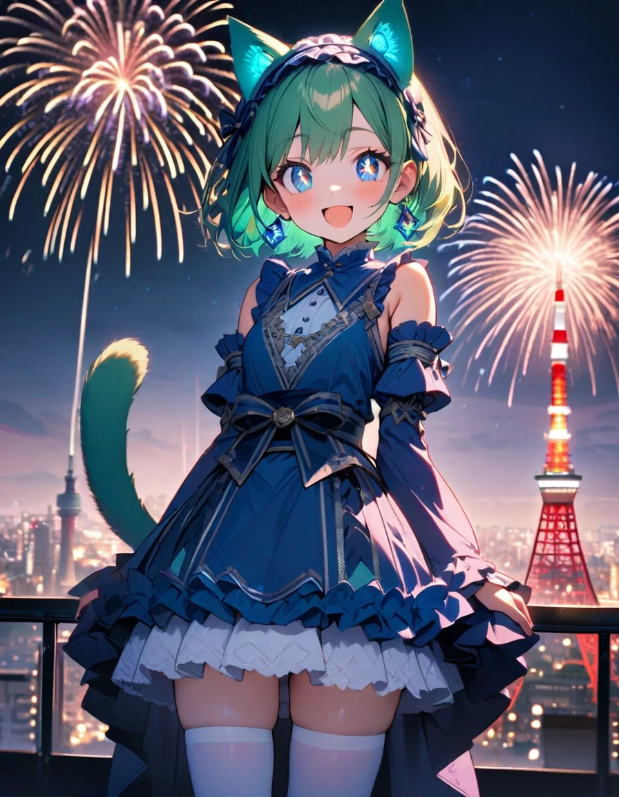 (8K, best quality, master piece: 1.2),super high resolution,1 cute girl,16yo,solo,ultra-detailed face,detailed eyes,(green hair, blue eyes,lash extension,short hair,laugh,green Cat ears,green Cat tail,detached sleeves, blue dress,kimono blue (lolita:1.2),triangle earrings, hairband, detached sleeves,Pink boots,(white thighhighs:1.3),Looking with sparkling eyes,rim light,Tokyo's famous tower,(fireworks shining in the nigh tview)