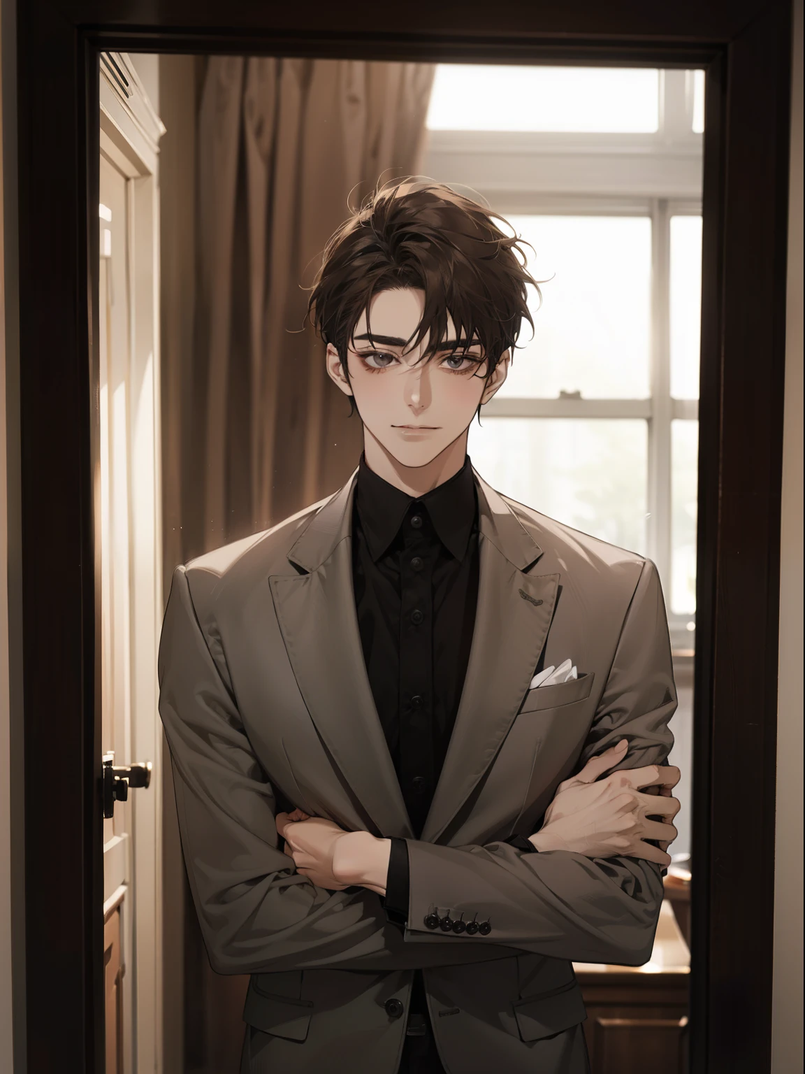 work of art, best qualityer, realisitic, 1 person, mature man, quiet and charming young man, age 25, serious look, cloused mouth, portraite, extreme detailed face, cold smile, ((dark gray eyes)), ((Straight Sweep Short Dark Brown Hair)), [thick eyebrows], ((Suit)), bonitas, lesbian full body, western, Jewish, light brown skin,Stand in front of the mirror，Organize your clothes