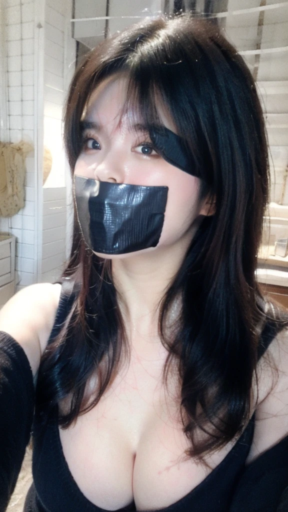 One female, selfie、face close up、cheerful smile、big tear bag、tape gag,Room lighting:none、front lighting:weak、Photo taken with iPhone、Japanese cute half-haired girl、profile、looking at the camera、black sweater, white wallpaper only, Rooms without lights、Cleavage Bulge(((Blindfolded)))