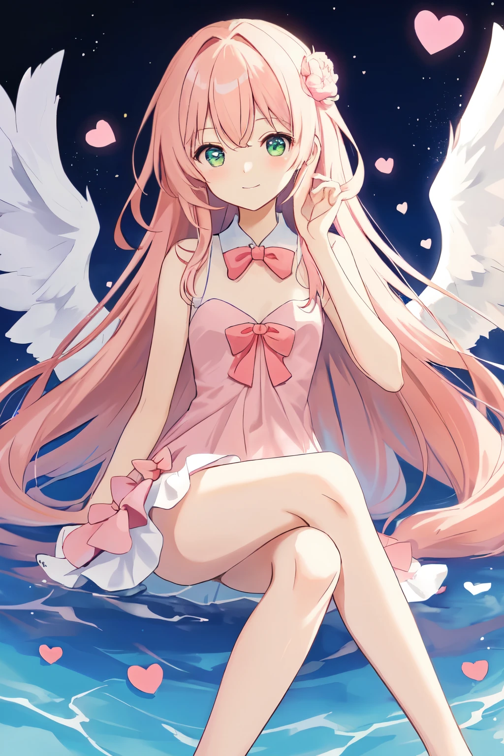 1_girl, (anime, kawai:2), (masterpeice, best_quality, clean:1.5), (sky_background:1.2), (cute, cute_smile, wholesome, young:1.8), (delicate, extremely_delicate, beautiful, thin:1.5), (girlfriend, angel:1.8), (green_eyes, simple_eyes:1.8) (long_hair, blond_hair:1.5), (wearing_pink_dress, pink_angel_wings:1.8), (combat:1.2), extremely_delicate, (love_magic:1.5), (age_size_fits_body), (small_thighs:1.3), (breasts), (eye_level:1.3), (heart_magic, love:1.5), (folded_legs:1.5)