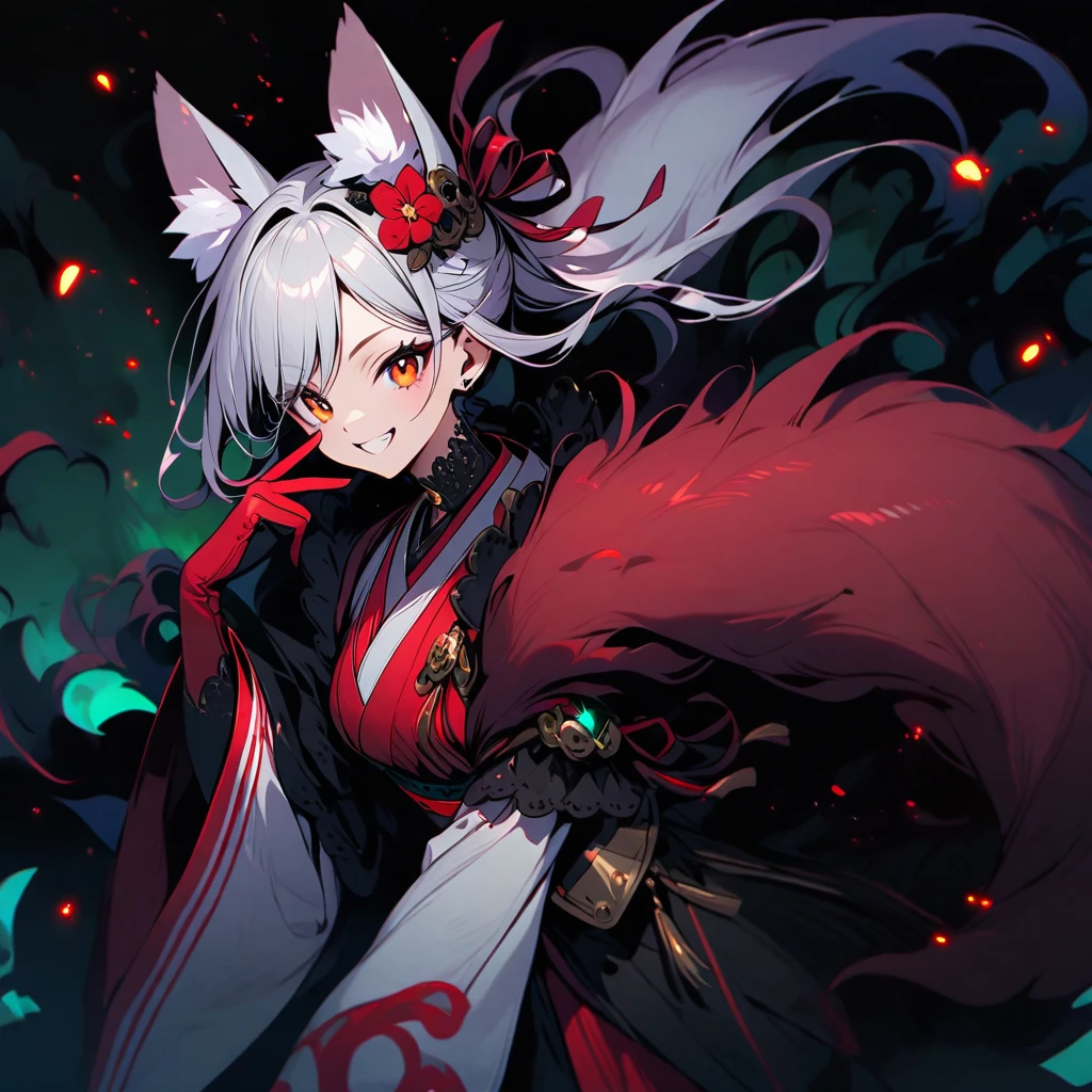 (well done: 1) woman, long straight white hair, white fox ears, white fox tail, green left eye, red right eye, white kimono with black and red details.