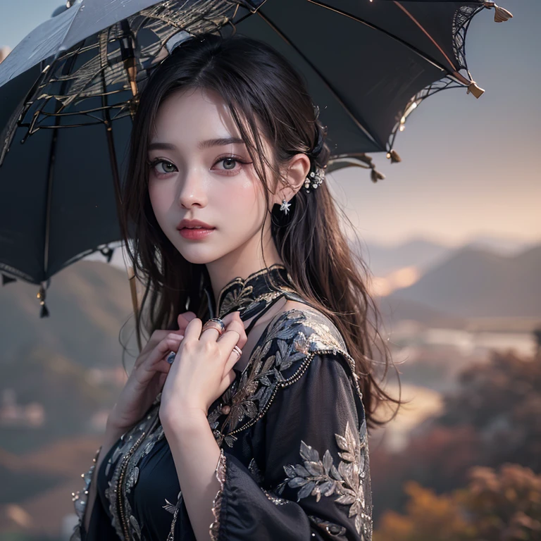 A woman holding a parasol stands on top of a hill、Gothic Dress、Umbrella、青空と雲1 girl, Highest quality, masterpiece, Ultra-high resolution, (Realistic:1.4), RAW Photos, 1 girl, Cinema Lighting,((Highest quality、masterpiece、8k、Best image quality、Ultra-high resolution、Award-winning works)、(Accurate anatomy:1.1)、Highly detailed face、Attention to detail、double eyelid、Sharp focus:1.2、Beautiful woman:1.4、Highest quality、masterpiece、Ultra-high resolution、(Realistic:1.4)、Highly detailed and professionally lit smiles、Serious expression、Two Arms, Complete Hそして, Beautiful body, Beautiful fingers, Normal finger, Five Fingers, Five Fingers, (Thumb Index Finger Ring Finger), Beautiful ears、 Normal ear, Beautiful Eyes, Shining Eyes, Beautiful mouth, Beautiful Lips,