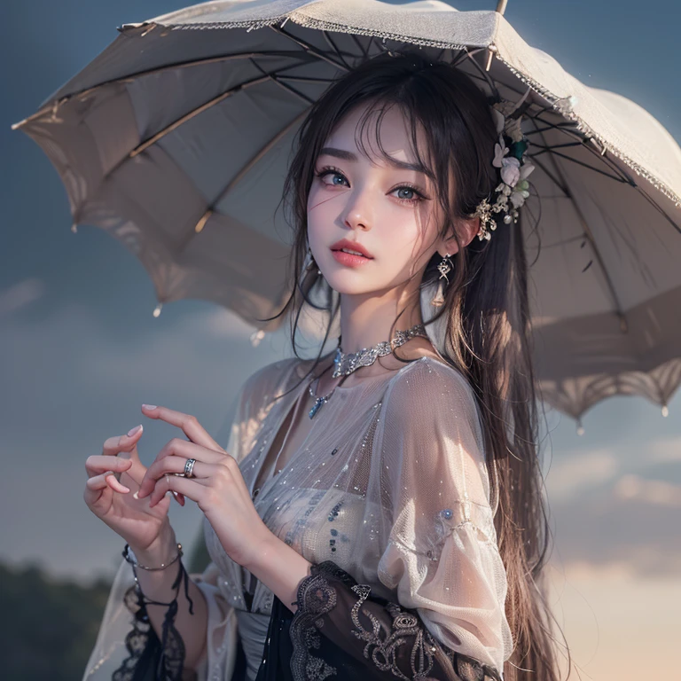 A woman holding a parasol stands on top of a hill、Gothic Dress、Umbrella、青空と雲1 girl, Highest quality, masterpiece, Ultra-high resolution, (Realistic:1.4), RAW Photos, 1 girl, Cinema Lighting,((Highest quality、masterpiece、8k、Best image quality、Ultra-high resolution、Award-winning works)、(Accurate ???????:1.1)、Highly detailed face、Attention to detail、double eyelid、Sharp focus:1.2、Beautiful woman:1.4、Highest quality、masterpiece、Ultra-high resolution、(Realistic:1.4)、Highly detailed and professionally lit smiles、Serious expression、Two Arms, Complete ?そして, Beautiful body, Beautiful fingers, Normal finger, Five Fingers, Five Fingers, (Thumb Index Finger Ring Finger), Beautiful ears、 Normal ear, Beautiful Eyes, Shining Eyes, Beautiful mouth, Beautiful Lips,