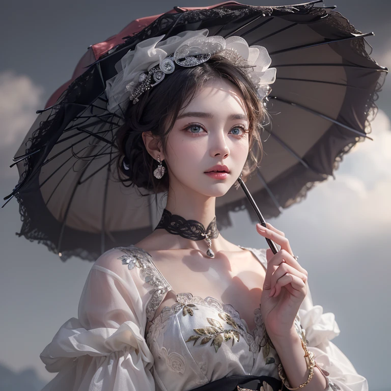 A woman holding a parasol stands on top of a hill、Gothic Dress、Umbrella、青空と雲1 girl, Highest quality, masterpiece, Ultra-high resolution, (Realistic:1.4), RAW Photos, 1 girl, Cinema Lighting,((Highest quality、masterpiece、8k、Best image quality、Ultra-high resolution、Award-winning works)、(Accurate anatomy:1.1)、Highly detailed face、Attention to detail、double eyelid、Sharp focus:1.2、Beautiful woman:1.4、Highest quality、masterpiece、Ultra-high resolution、(Realistic:1.4)、Highly detailed and professionally lit smiles、Serious expression、Two Arms, Complete Hそして, Beautiful body, Beautiful fingers, Normal finger, Five Fingers, Five Fingers, (Thumb Index Finger Ring Finger), Beautiful ears、 Normal ear, Beautiful Eyes, Shining Eyes, Beautiful mouth, Beautiful Lips,