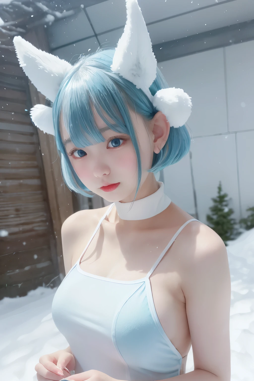 () ,girl、(Bunny ears headband)。(Random Nudes)，Exhibitionism，((Random exposure of genitals))。　Beautiful areola。Small breasts. Thin Hair。(On top of a snowy mountain). Detailed and complex background。((Bright light blue hair))。(Round face). ((Short Bob Hair)). Japanese Face. Smooth Hair. Thin Hair. White skin. Cute pose with legs apart. 