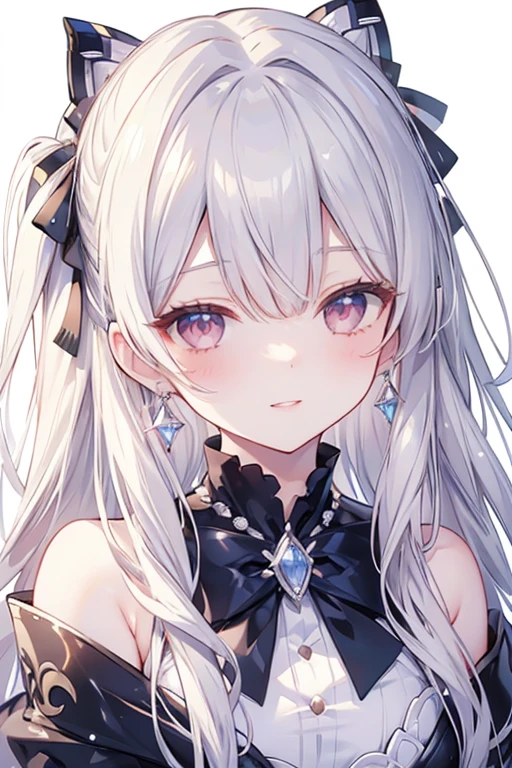 long hair, crystal earrings, blush, smile, silver hair, hair strand, ribbon, parted lips, character chart, first-person view, tachi-e, anime style, masterpiece