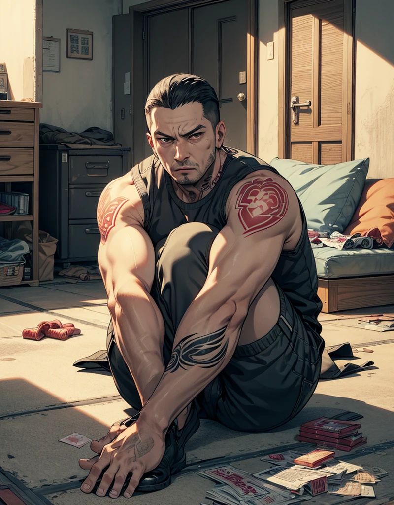 ((masterpiece,best quality)), highres, extremely detailed 8K wallpaper, depth_of_field, cowboy shot, solo,1man, sleeveless shirt, arms full of tattoos, criminal, yakuza, bad shave, dirty and dull living room, shadows under his eyes, garbage bags on the floor, used condoms on the floor, sofa, sitting,