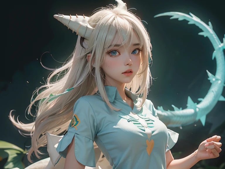 (Pokémon) (girl who looks like a dragon with a human body, light brown skin color,white hair color, light blue eyes, wearing a short green shirt with mimikyu's face, wearing a black skirt, with a sweatshirt tied around his waist, walked, playing with cell phone) (citys, night with shining stars, buildings around)