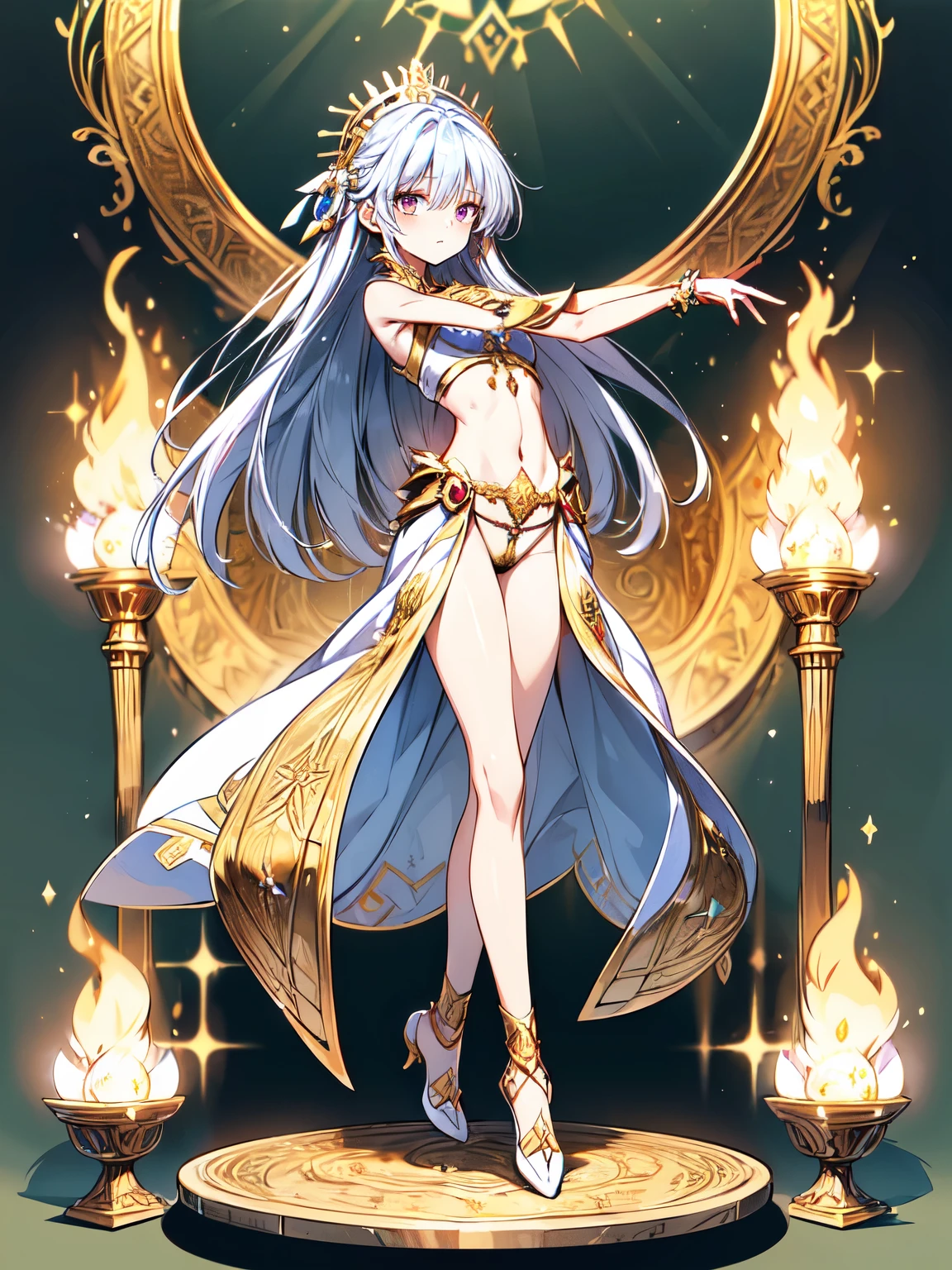 (crystal artifact), (metallic accessory), dancing(ethnic priestess), (gold embroidered garment), (sharp ), narrow constricted waist, small , (dark color)eyes(highlights), slender legs, fantasy, mythical altar, (engraved stone)