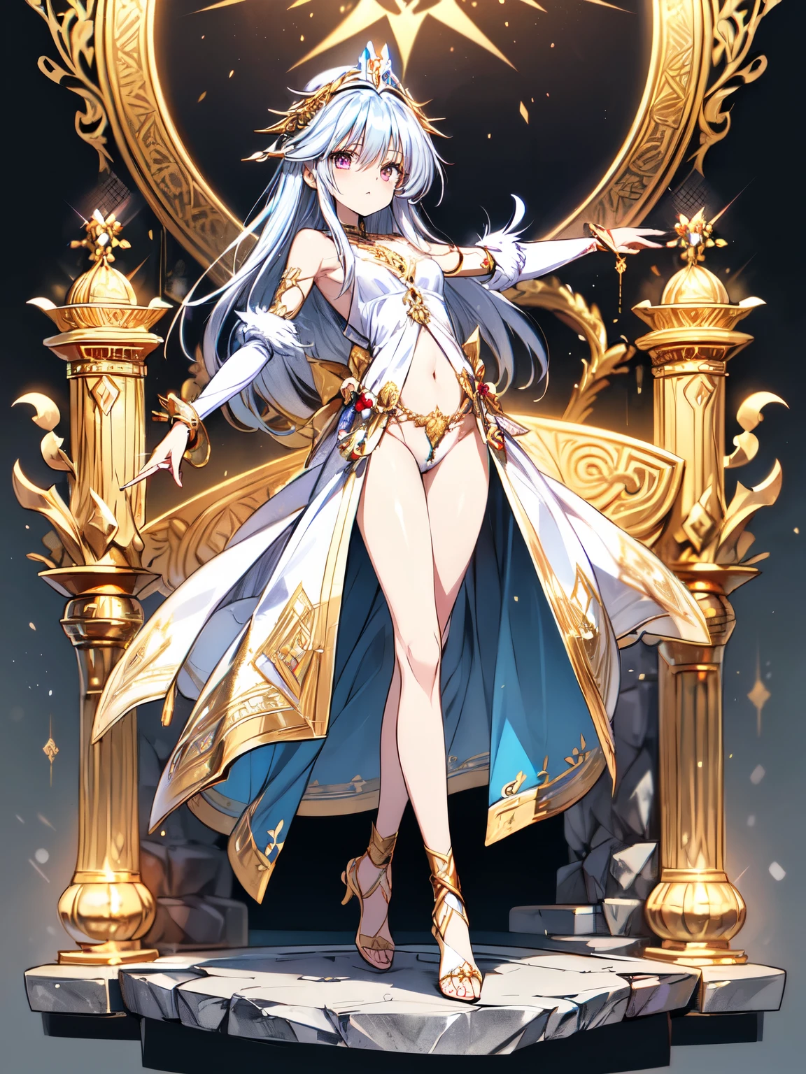 (crystal artifact), (metallic accessory), dancing(ethnic priestess), (gold embroidered garment), (sharp thong), narrow constricted waist, small hips, (dark color)eyes(highlights), slender legs, fantasy, mythical altar, (engraved stone)