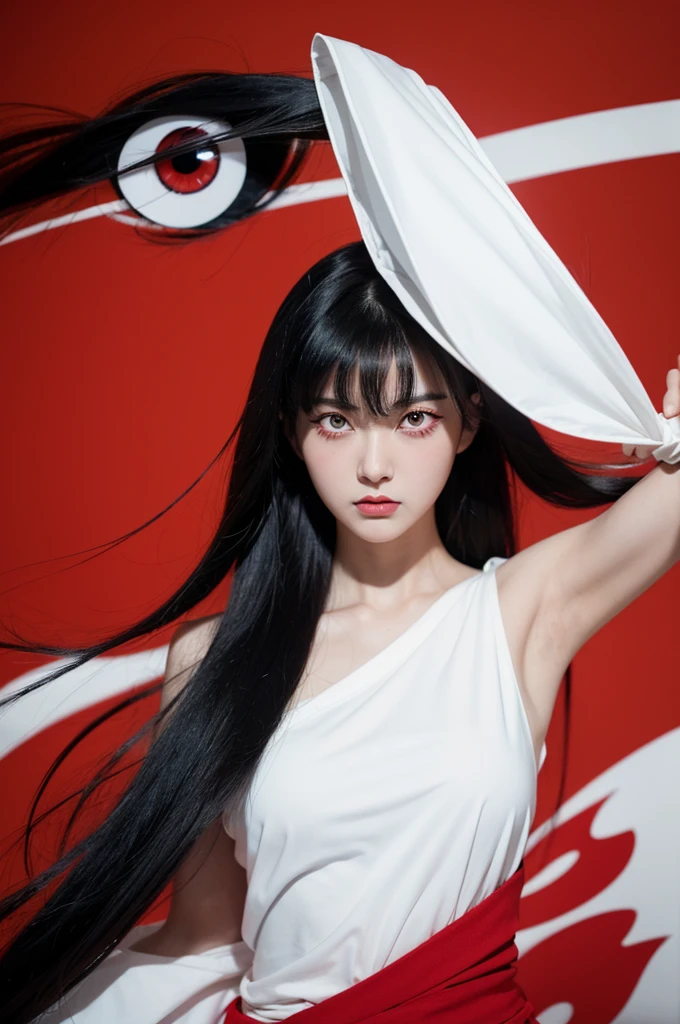 cartoon of a woman with Red eyes and black hair, ((Red)) Loose eyes, in animation style, inspiRed by Jin Homura, inspiRed by Rumiko Takahashi, inspiRed by Takehisa Yumeji, Black hair and big eyes, angry expression, fully Red eyes no pupils, angry expressioning, Evil Expression, As an anime character, 일본 in animation style
