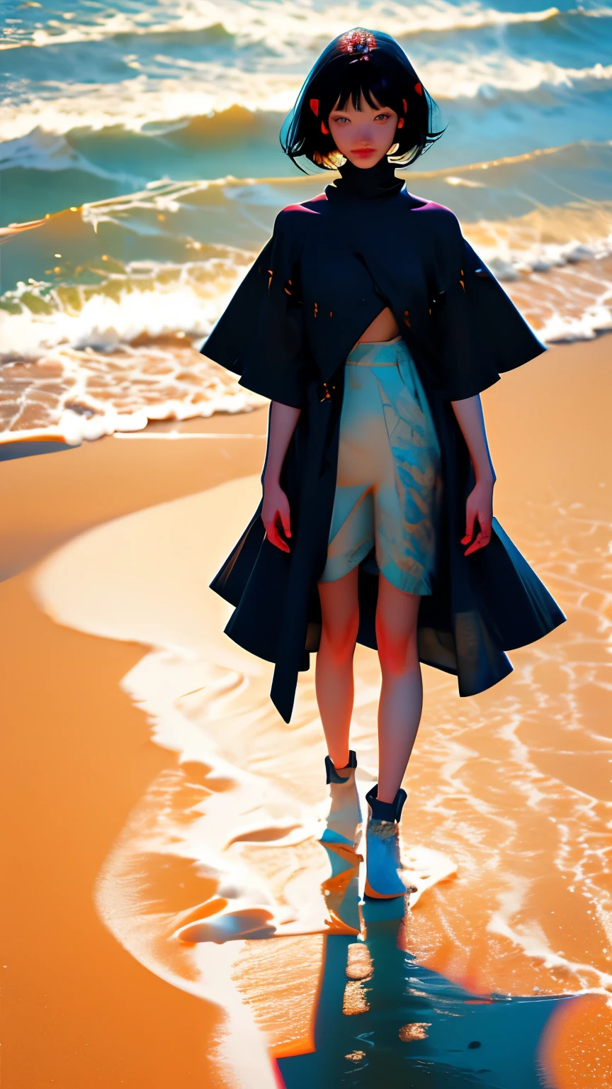 woman、Black Hair、Are standing、Sandy Beach、Water's Edge、Asian、woman、24-years-old、bikini、smile、sunny
