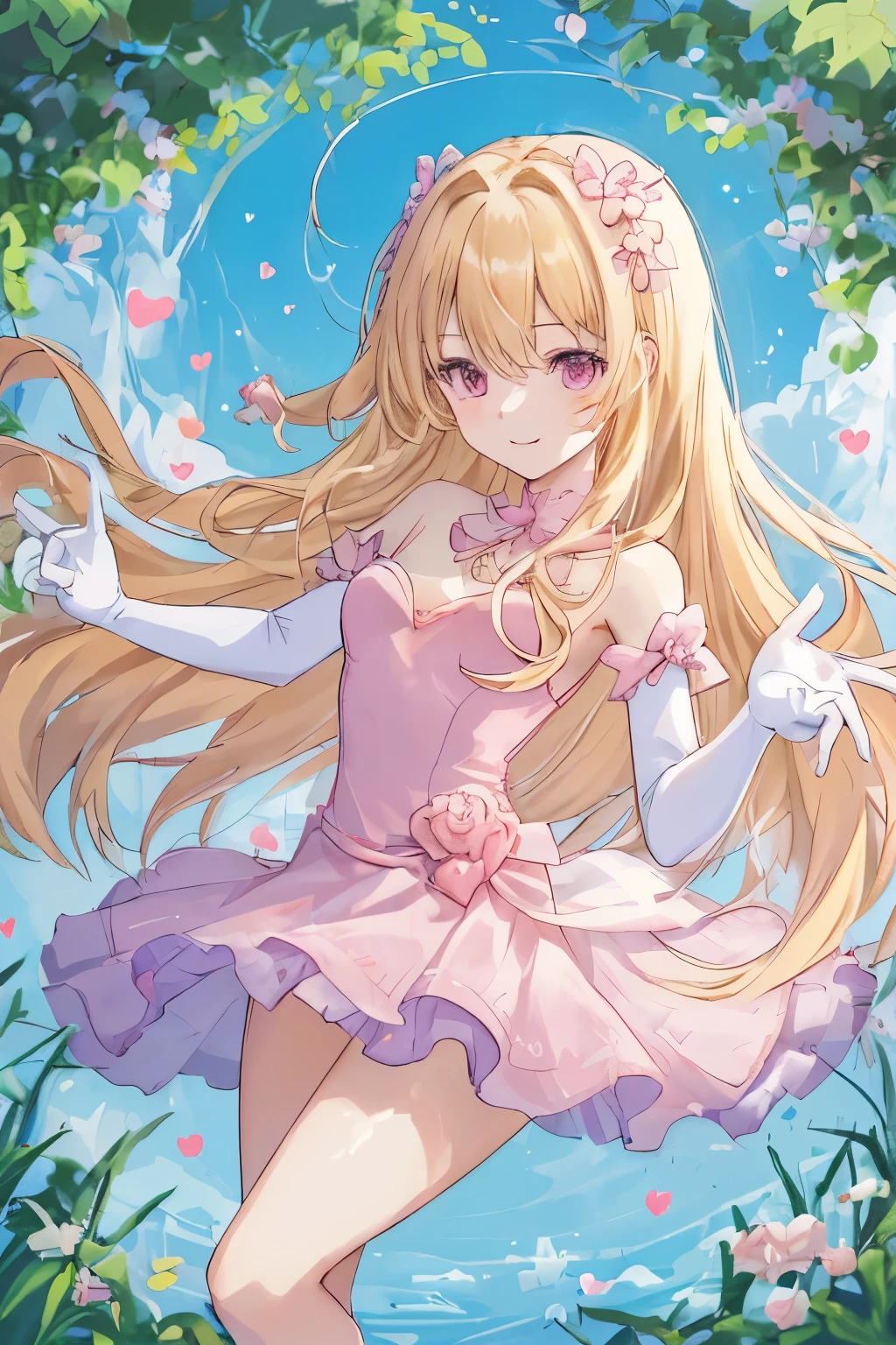 1_girl, (anime, kawai:2), (masterpeice, best_quality, simple, cute, dreamy, vibrant, clean:1.8), (cute, cute_smile, young:1.6), (delicate, beautiful, thin:1.5), (girlfriend, angel:1.8), (green_eyes, simple_eyes:1.4) (long_hair, blond_hair, wearing_pink_dress, pink_angel_wings, gloves:1.8), extremely_delicate, (love_magic:1.5), (age_size_fits_body), (small_thighs, thin:1.3), (), (eye_level:1.3), (heart_magic, love:1.5), (dancer)
