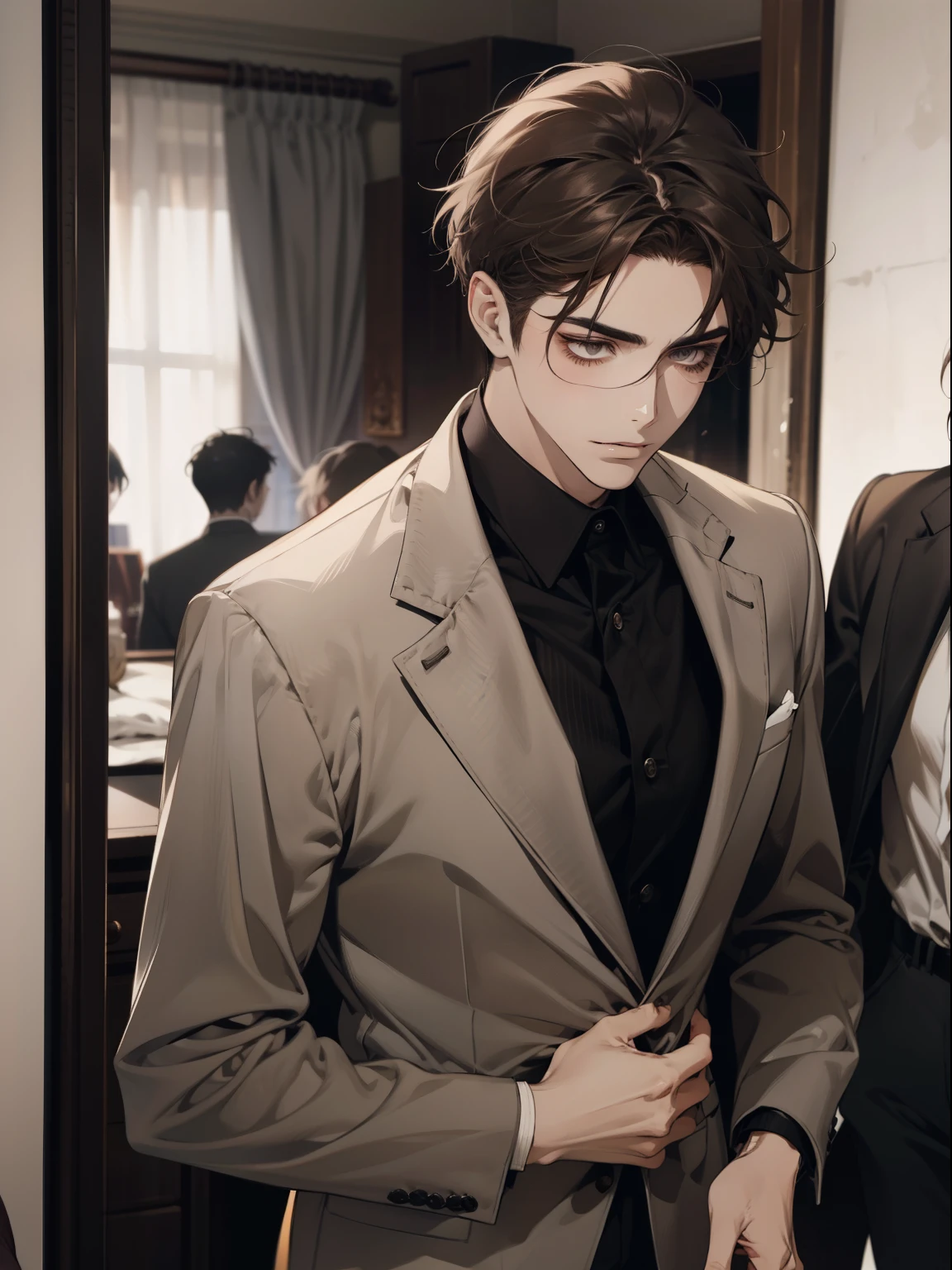 work of art, best qualityer, realisitic, 1 person, mature man, quiet and charming young man, age 25, serious look, cloused mouth, portraite, extreme detailed face, cold smile, ((dark gray eyes)), ((Straight Sweep Short Dark Brown Hair)), [thick eyebrows], ((Suit)), bonitas, lesbian full body, western, Jewish, light brown skin,Stand in front of the mirror，Organize your clothes