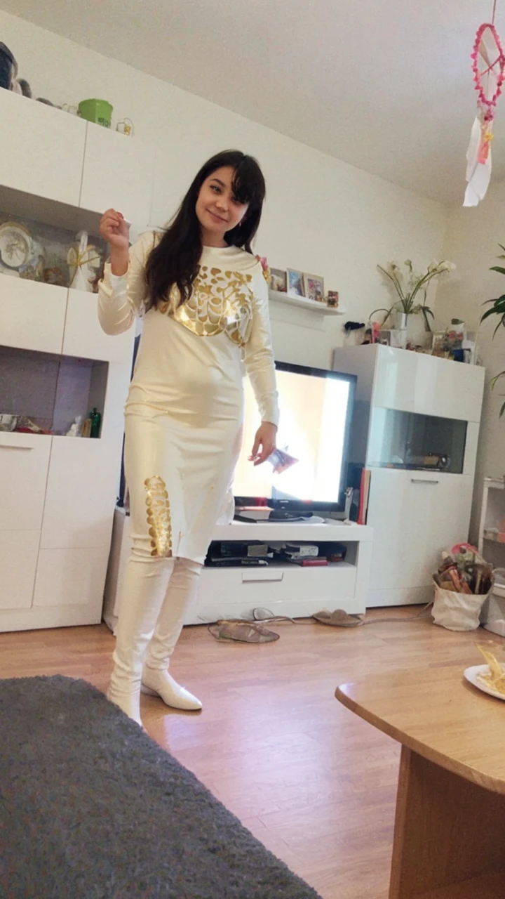 Draw this person as an angel with spread wings in a white-gold dress