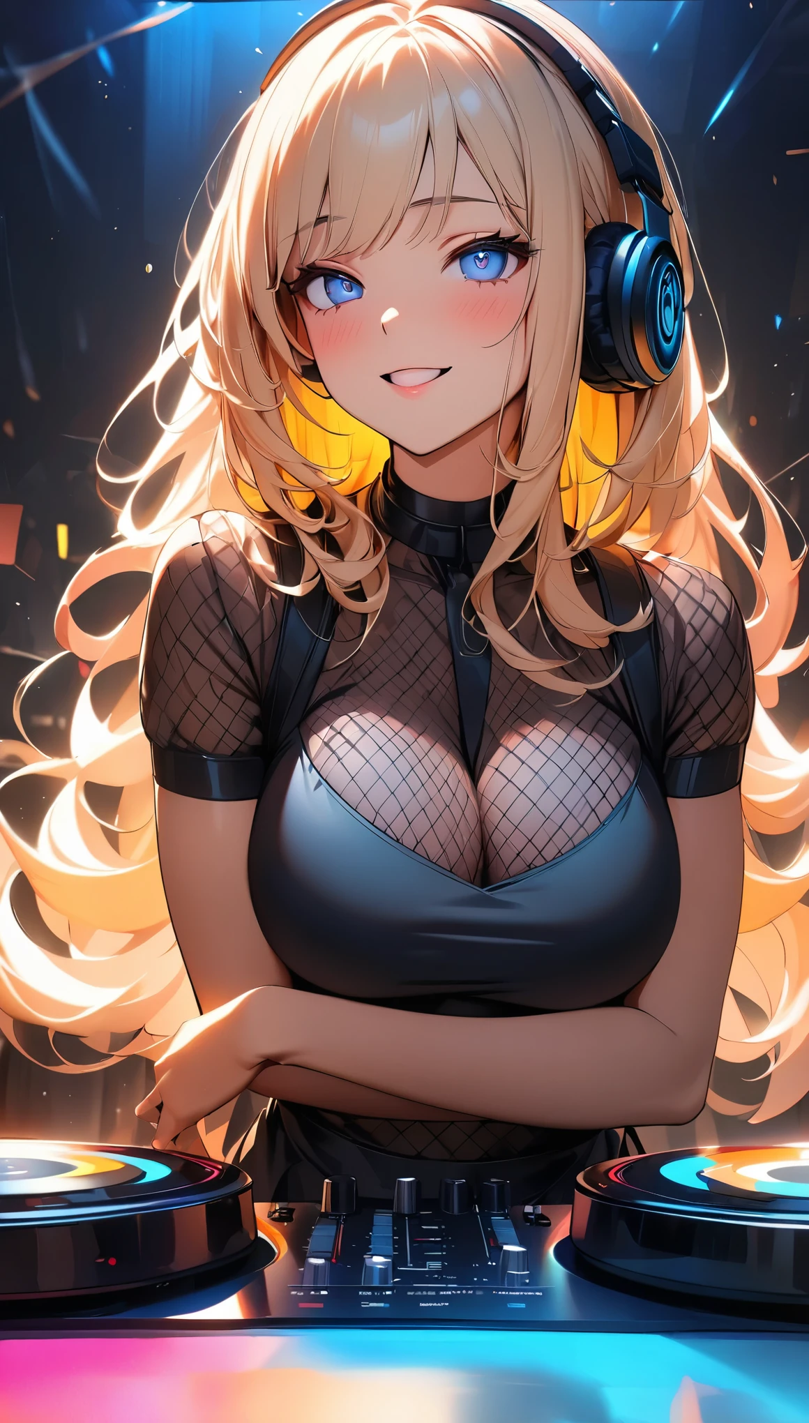 (Highest quality:1.2, Very detailed, up to date, Vibrant, 超High resolution, High Contrast, masterpiece:1.2, Highest quality, Best aesthetics), (((1 girl))), Beautiful musicians, A carefully painted DJ table, Bondage Fashion, Professionalism, Bright colors, Soft lighting, Expressive eyes, Detailed lips, Long eyelashes, Pleasant atmosphere, incite inferiority, Obscene eyes, Lewd smile, Open your mouth, blush, Ahegao:1.2, Big Breasts, Cleavage;1.1, ((Black tube top, hot pants, Fishnet tights, accessories, Headphones)), Focus on , Positive Energy, Calm background, A nurturing presence, High resolution, Sharp focus.