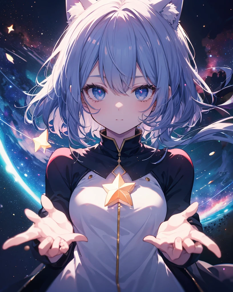 anime nekogirl with neko ears looking at a shooting star above the clouds, highly detailed raw color photo, dynamic pose, (cosmic: 1.4), (necropolis: 1.1), (science fiction setting), chromatic aberration, depth of field, soft lighting, masterpiece, best quality, intricate, (lens reflection: 0.7), (flowering: 0.7), particle effects, ray tracing. She's holding a star.she has tremendous power. Perfect hands with 5 fingers.