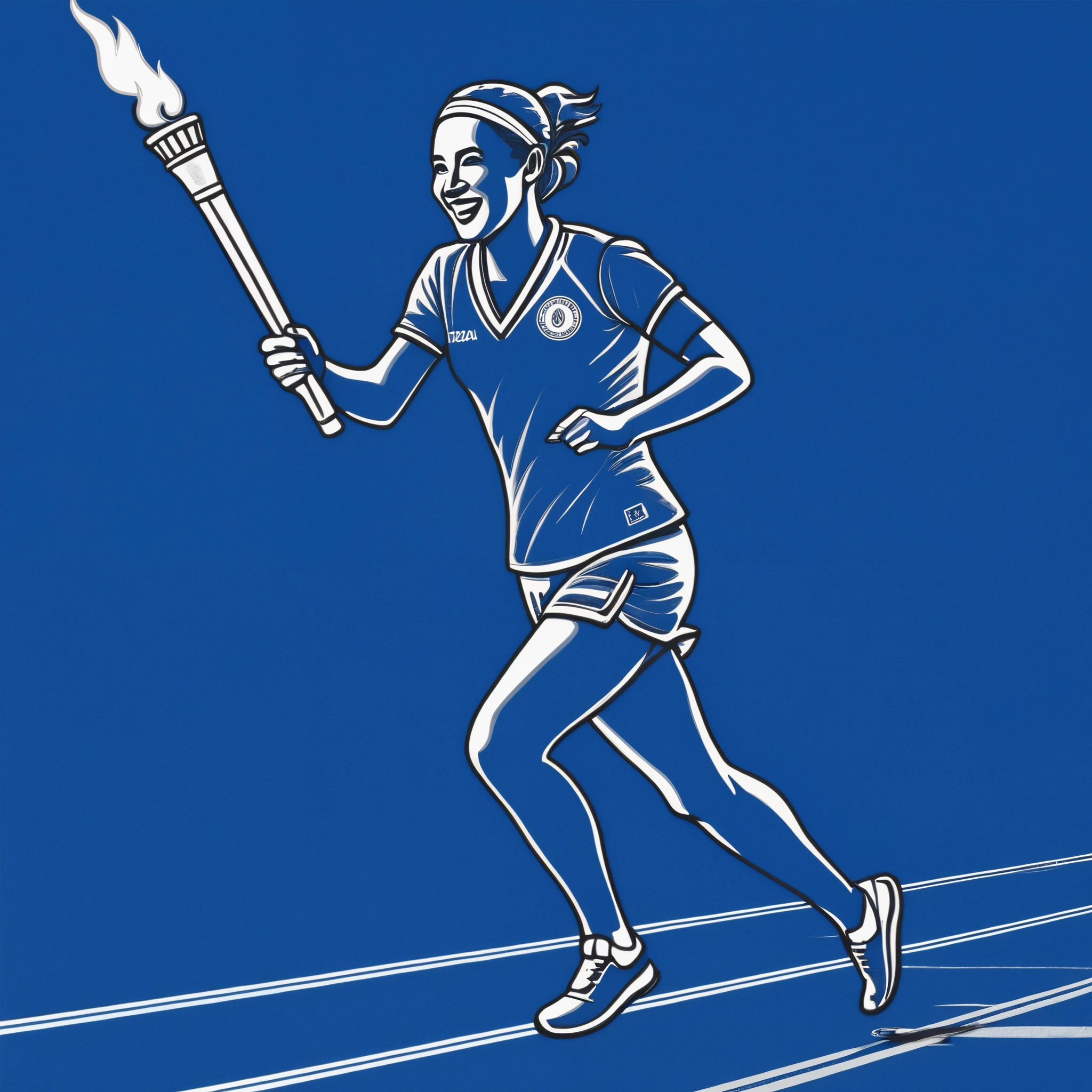 ((Stamp design))，Blue line drawing，Line Art，Blue pen drawing，2024 Paris Olympics，A person wearing an Olympic Games uniform holding a torch and running on the track, smiling and facing the camera，Panorama close-up，Best quality，Best Work of the Year，