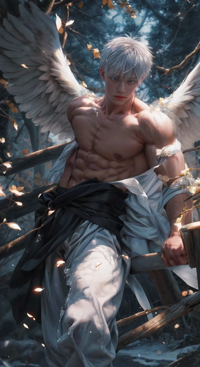1boy, adult, handsome, perfect face, detailed eyes and face, clean shaved, muscular, capturing a rural atmosphere, dynamic lighting, unreal engine 5, hd picture, satoru gojo, white hair, short hair ,hair between eyes ,blue eyes, white skin, milk pink nipple details, Angel wings, splash detail Angel wings