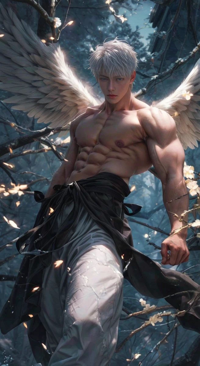 1boy, adult, handsome, perfect face, detailed eyes and face, clean shaved, muscular, capturing a rural atmosphere, dynamic lighting, unreal engine 5, hd picture, satoru gojo, white hair, short hair ,hair between eyes ,blue eyes, white skin, milk pink nipple details, Angel wings, splash detail Angel wings