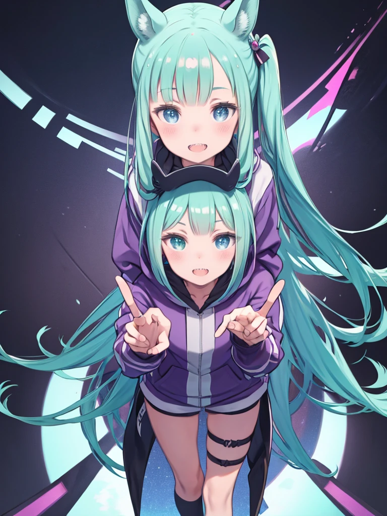 One Girl、Twin Turbo 、twin_turbo_umamusume, Aqua Hair, twinテール, Heterochromia iridis, Purple eyes, blue eyes, Sharp teeth, Multicolored hoodie, alone, smile, View your viewers,