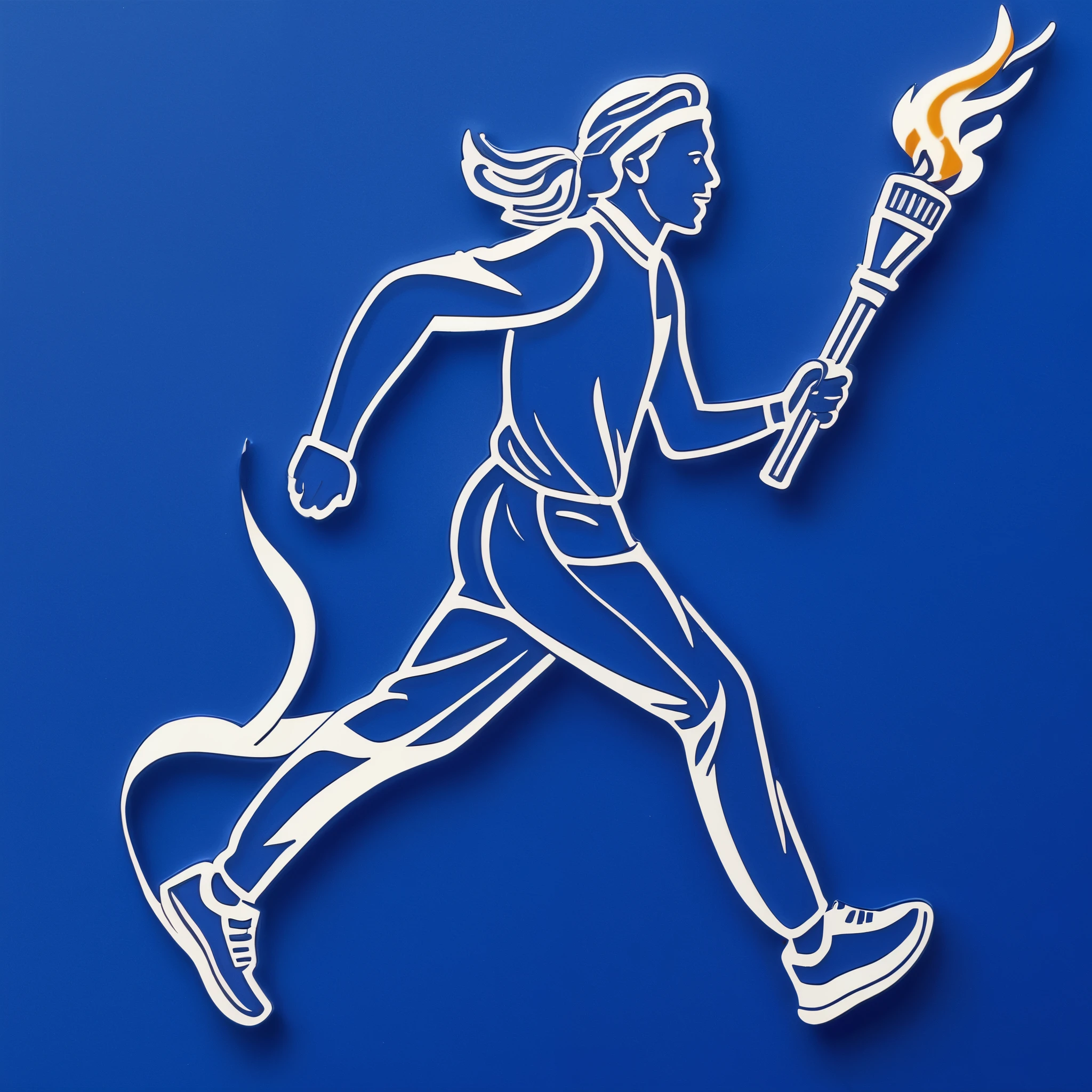 ((Stamp design))，Blue line drawing，Line Art，Blue pen drawing，2024 Paris Olympics，A person wearing an Olympic Games uniform holding a torch and running on the track, smiling and facing the camera，Panorama close-up，Best quality，Best Work of the Year，