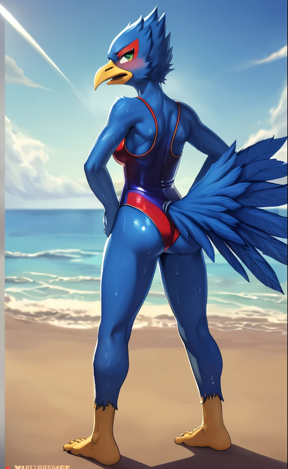 [Falco Lombardi], [Uploaded to e621.Net; (Pixel Sketcher), (WhamDraw), (fluff kevlar)], [Upload destination .and; (@art)], ((masterpiece)), ((High resolution)), ((high quality)), ((Solo Portrait)), ((whole body)), ((Rear view)), ((I can see your feet)), ((Furry; Humanity bird)), ((Detailed plumage)), ((Detailed shading)), ((Beautifully rendered art)), {Humanity; (Slim athletic build), Blue feathers, Yellow beak, (Orange claw feet), (Long blue tail feathers), (Long blue tail), (Cute green eyes), (Medium sized breasts), (Curvy Hips), (Beautiful feet), (Beautiful legs), (sweating), (blush), (anger), (Annoyed expression)}, {(One piece swimsuit), (Sideboob)}, {(Are standing), (Hands on hips), (Looking over your shoulder), (View your viewers)}, [background; (Beach), (Shining Sea), (blue sky), (Light of the sun), (Ambient Lighting)]