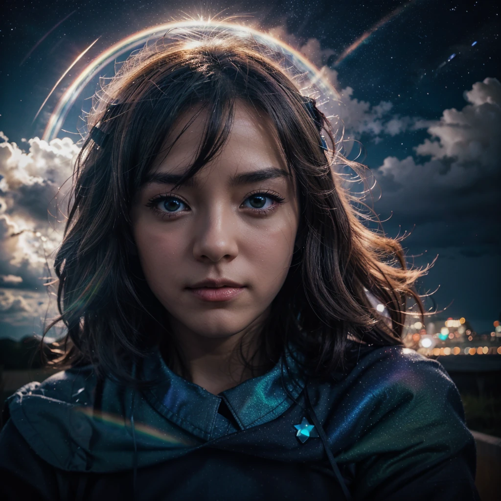 I need a night sky but with a lot of light that has clouds with anime-type rainbow edges that has small stars and that looks magical and surreal 