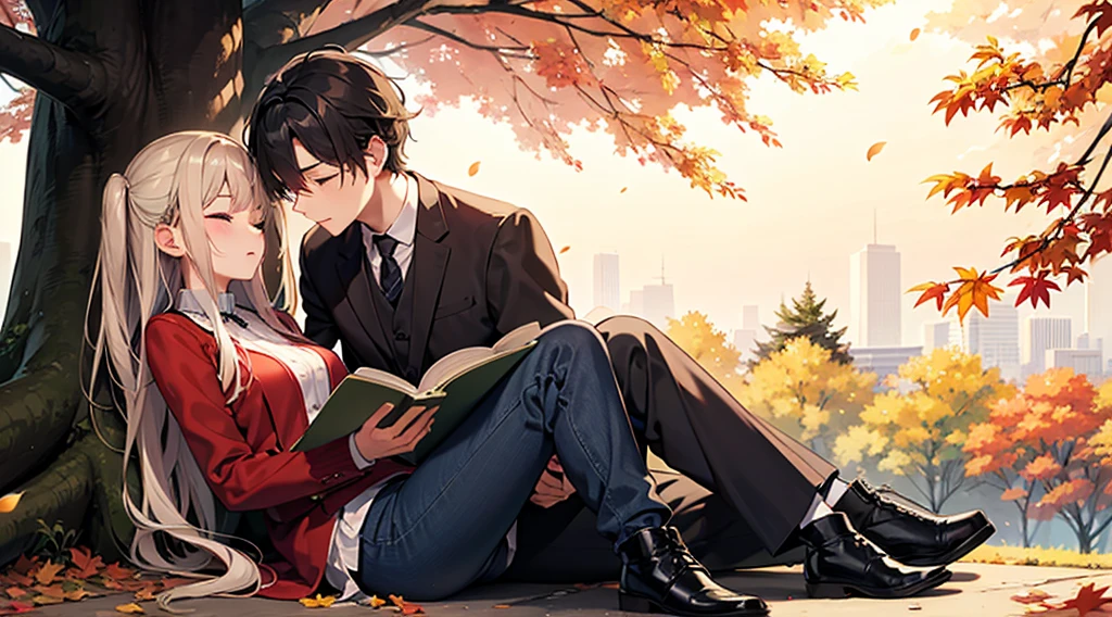 Canada、autumn leaves、hill、edge、The leaves fall、one man and one woman, A man is sitting under a tree reading。Woman sleeping on man&#39;Lap、happy expression、korean drama、Tokkebi、Gong Yoo、Kim Go Eun, Man in an elegant suit, Woman wearing a long-sleeved sweater, pleatedskirt, Red scarf、
