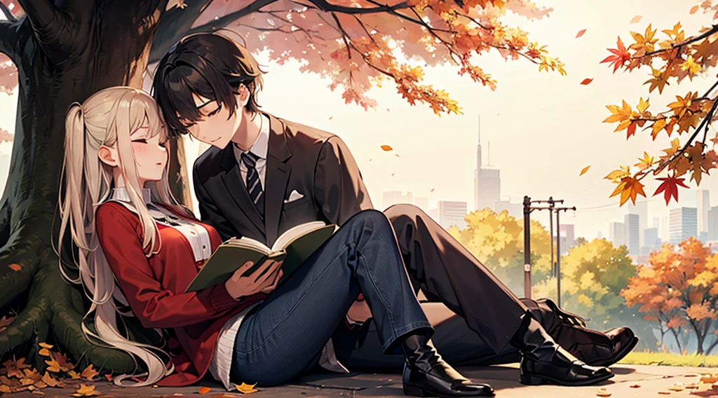 Canada、autumn leaves、hill、edge、The leaves fall、one man and one woman, A man is sitting under a tree reading。Woman sleeping on man'Lap、happy expression、korean drama、Tokkebi、Gong Yoo、Kim Go Eun, Man in an elegant suit, Woman wearing a long-sleeved sweater, pleatedskirt, Red scarf、